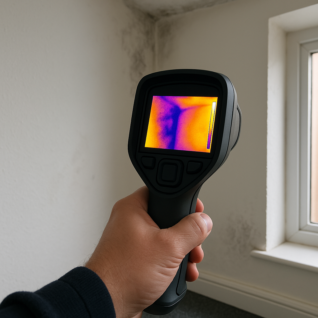 Chartered Building Surveyor using a thermal imaging camera to detect moisture and temperature variations during a damp survey.