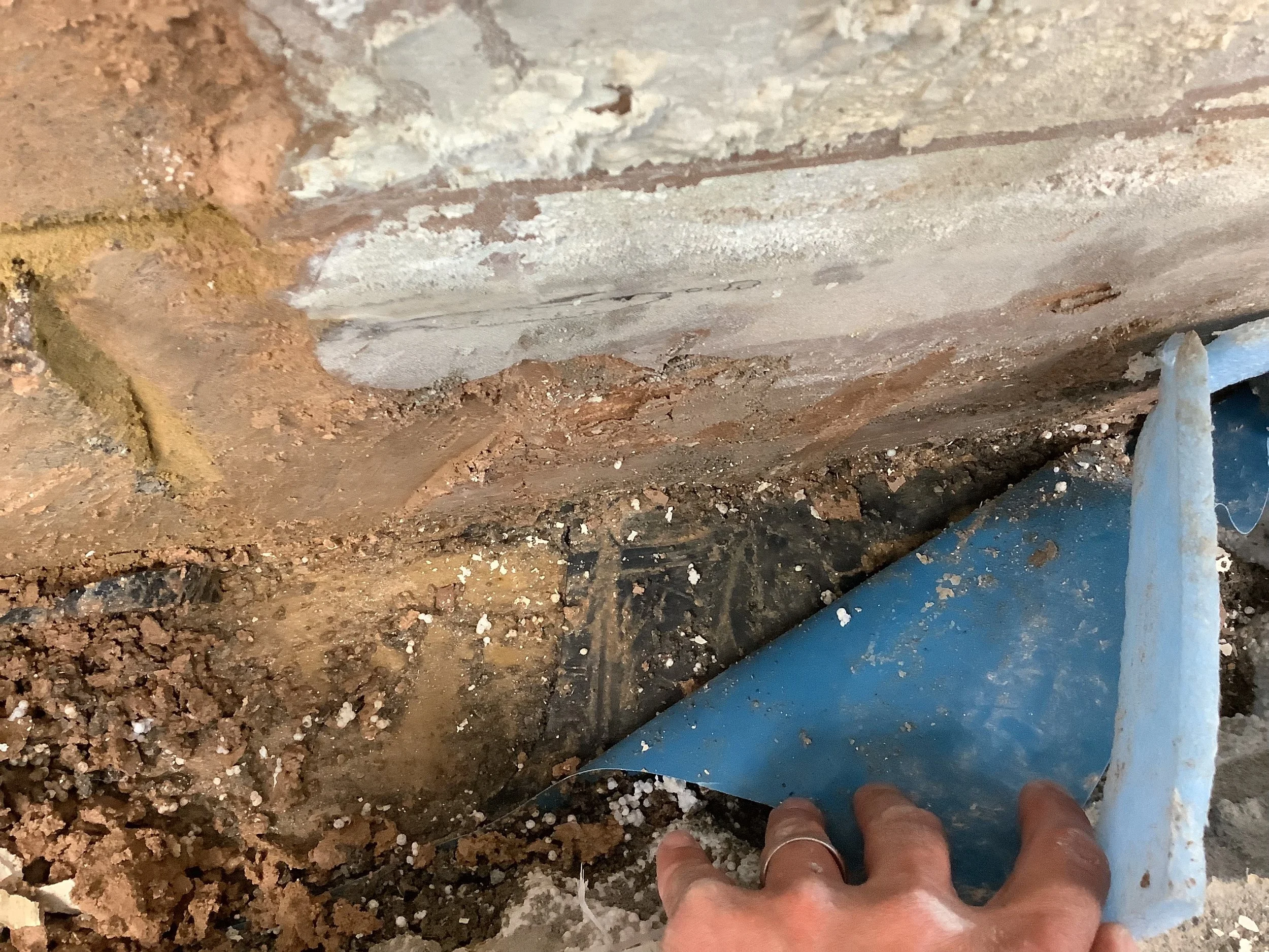 Wall base investigation showing plaster carried below screed level, allowing moisture from floor slab to wick up into wall structure – Durndell Building Surveyors, Milton Keynes.