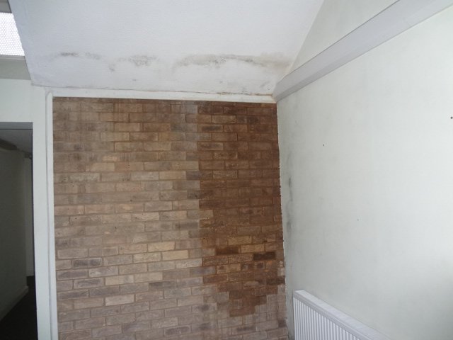 Moisture staining on brick wall showing clear signs of penetrating damp.