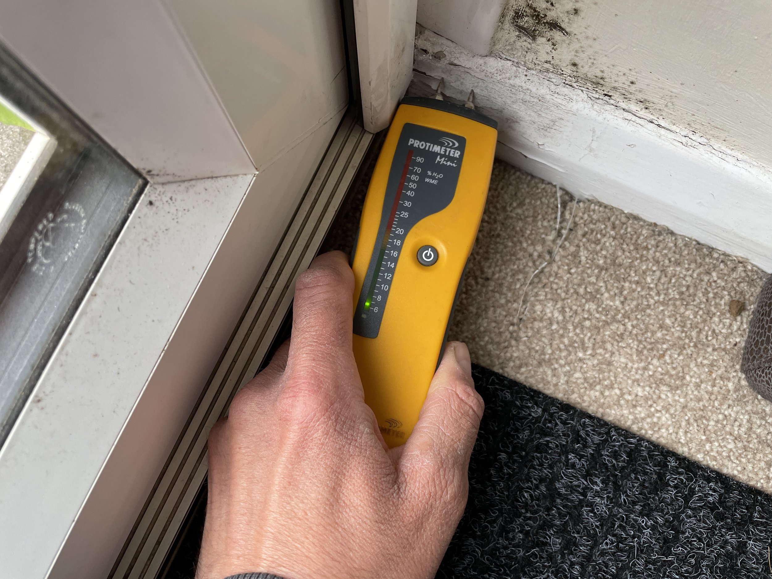 Moisture meter reading showing dry wall substrate confirming absence of rising or penetrating damp – Milton Keynes compliance damp survey