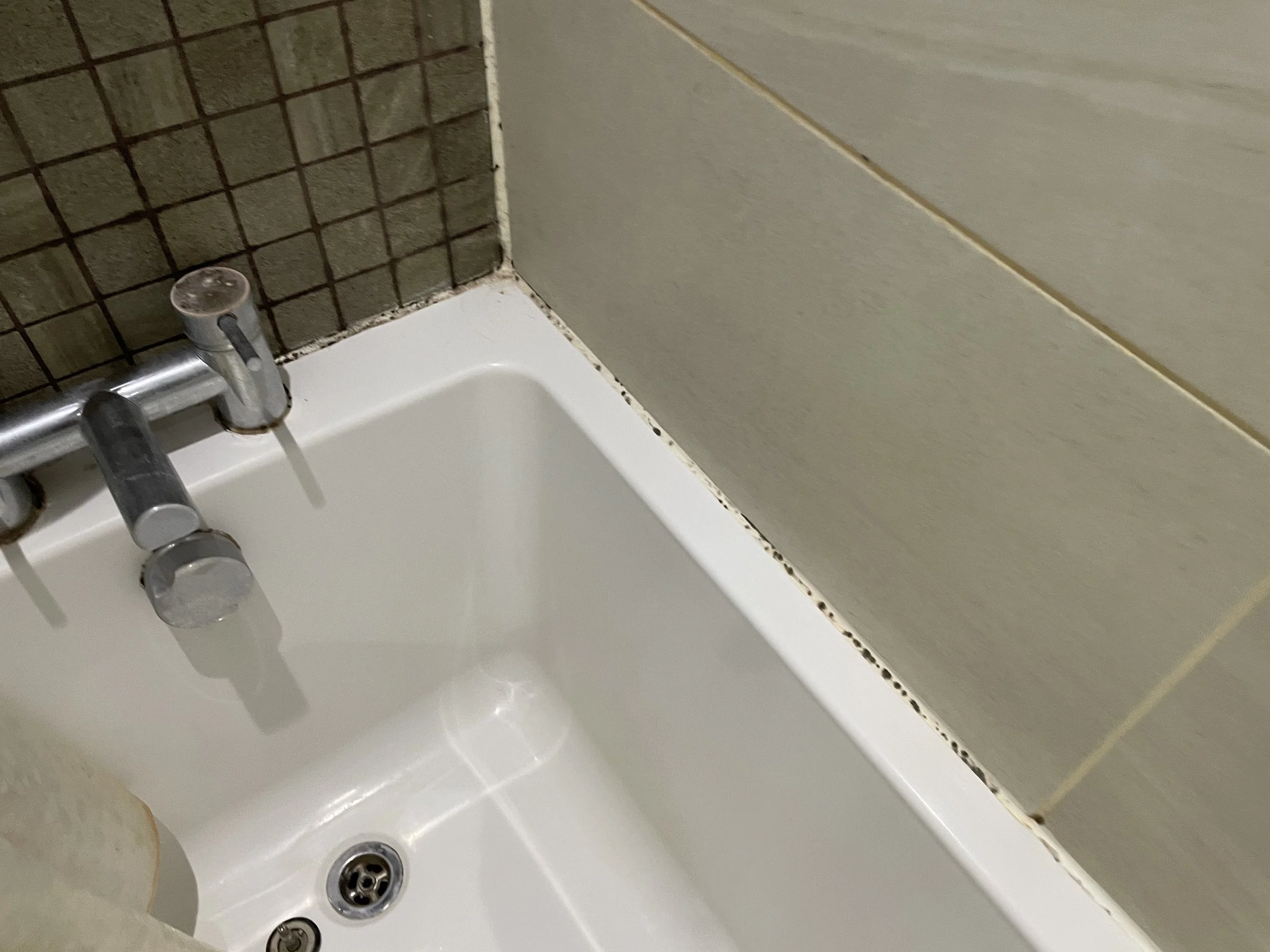 Black mould growth along bath mastic seal showing inadequate ventilation – Awaab’s Law compliance survey, Milton Keynes