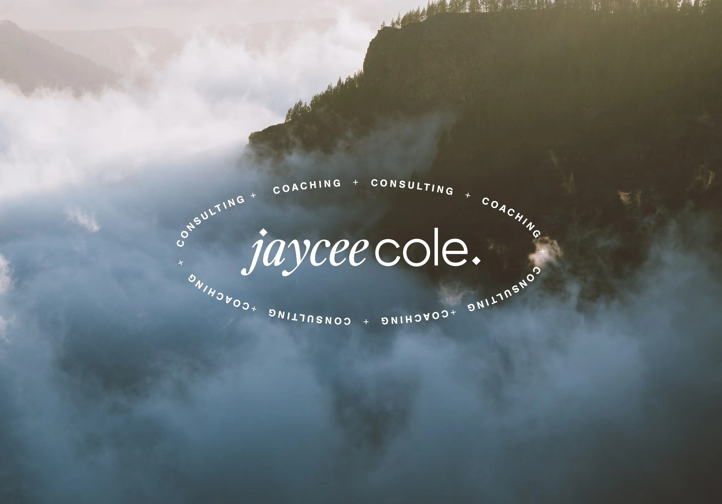 Landscape with mountains and fog, overlaid with text 'jaycee cole' and circular text 'coaching and consulting' repeated around it.
