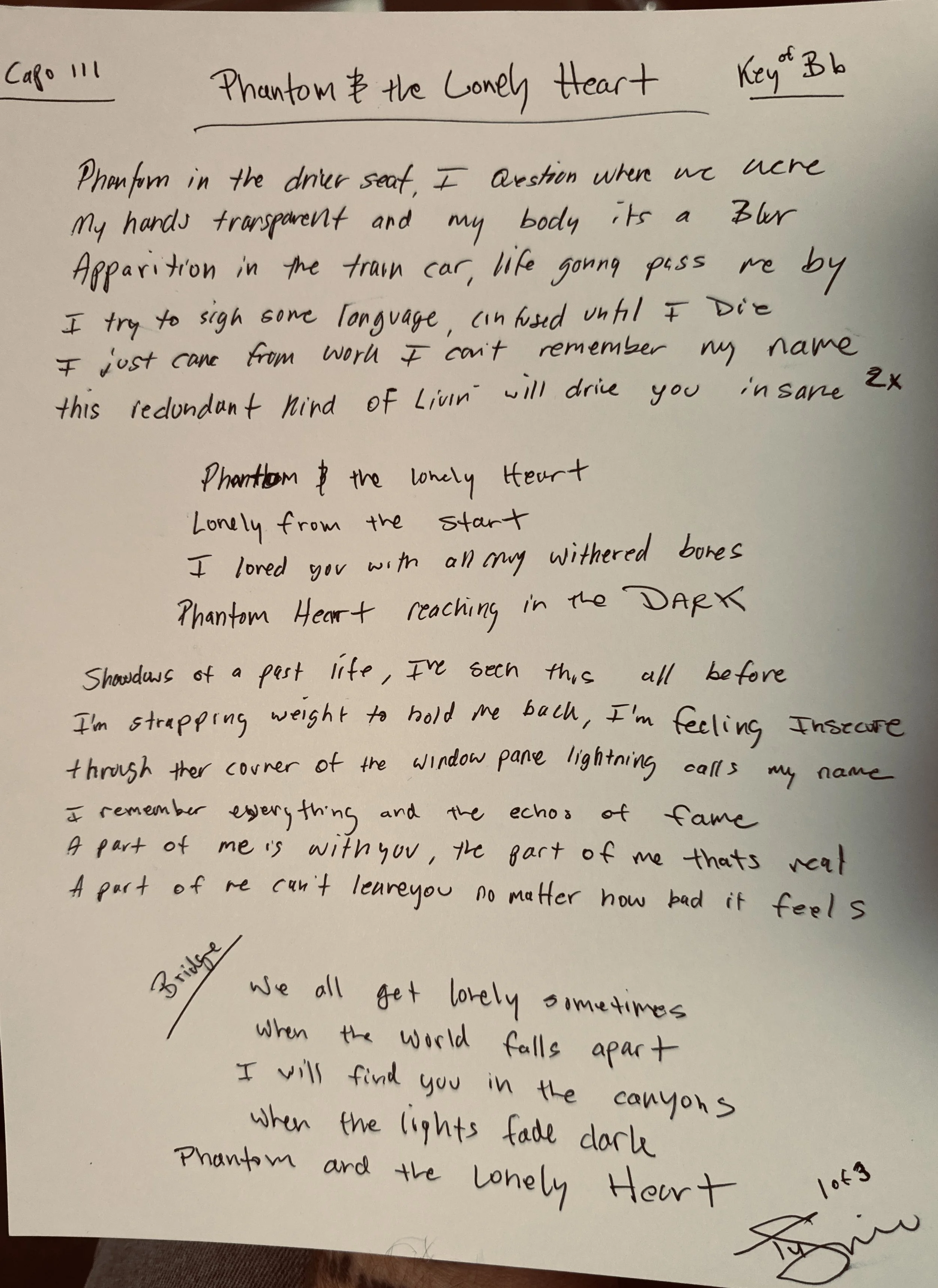 Handwritten Lyric - Phantom EP