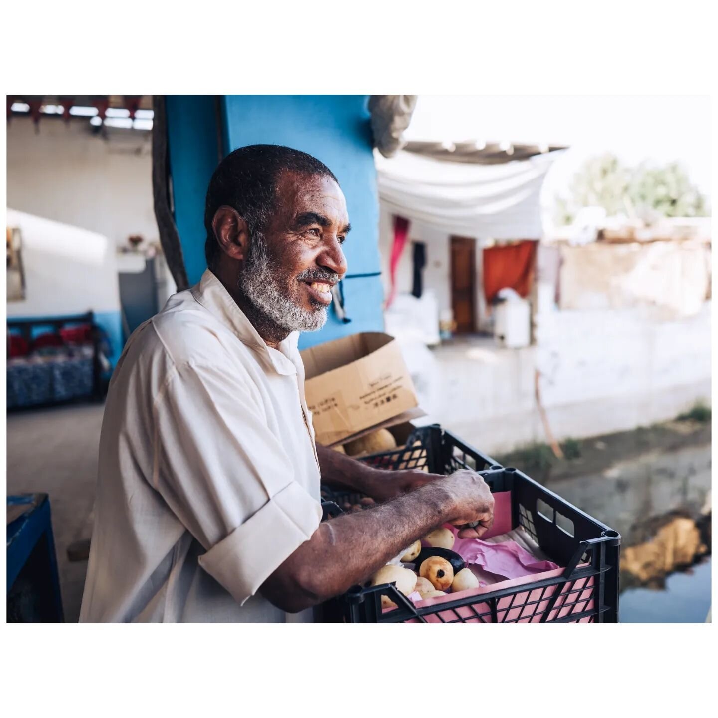 Hesham.

Around the corner from my house is a tiny little fruit and veg shop, jutting out over the clear waters of the Nile. Inside, you will often find Hesham, humming along to the ancient radio as he potters around with boxes of grapes and mangoes.