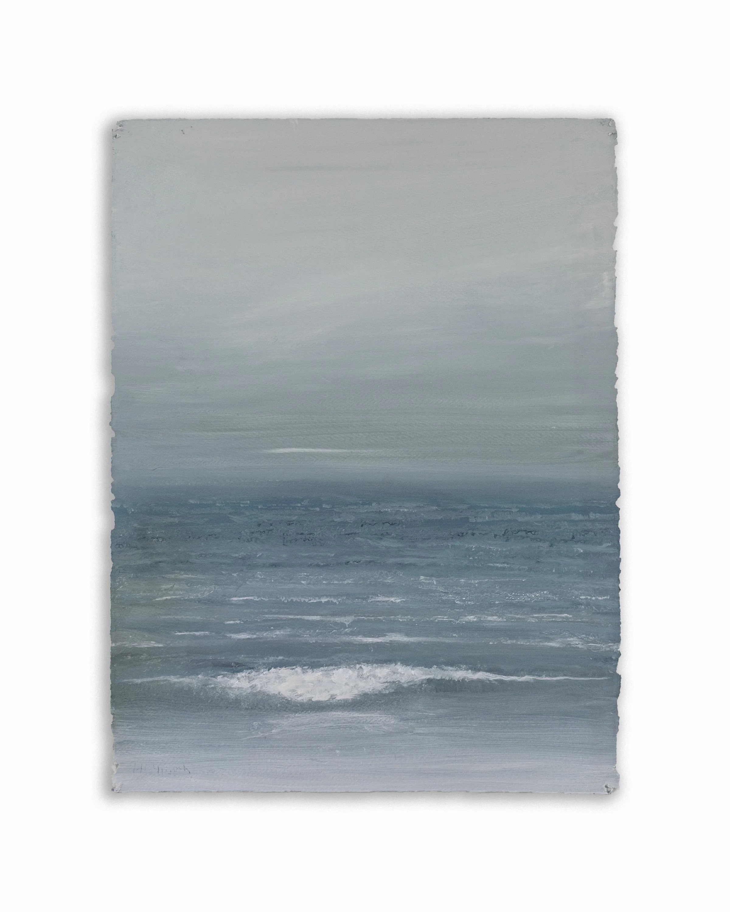 A painting depicting a calm, expansive ocean with soft waves under a pale, cloudy sky.