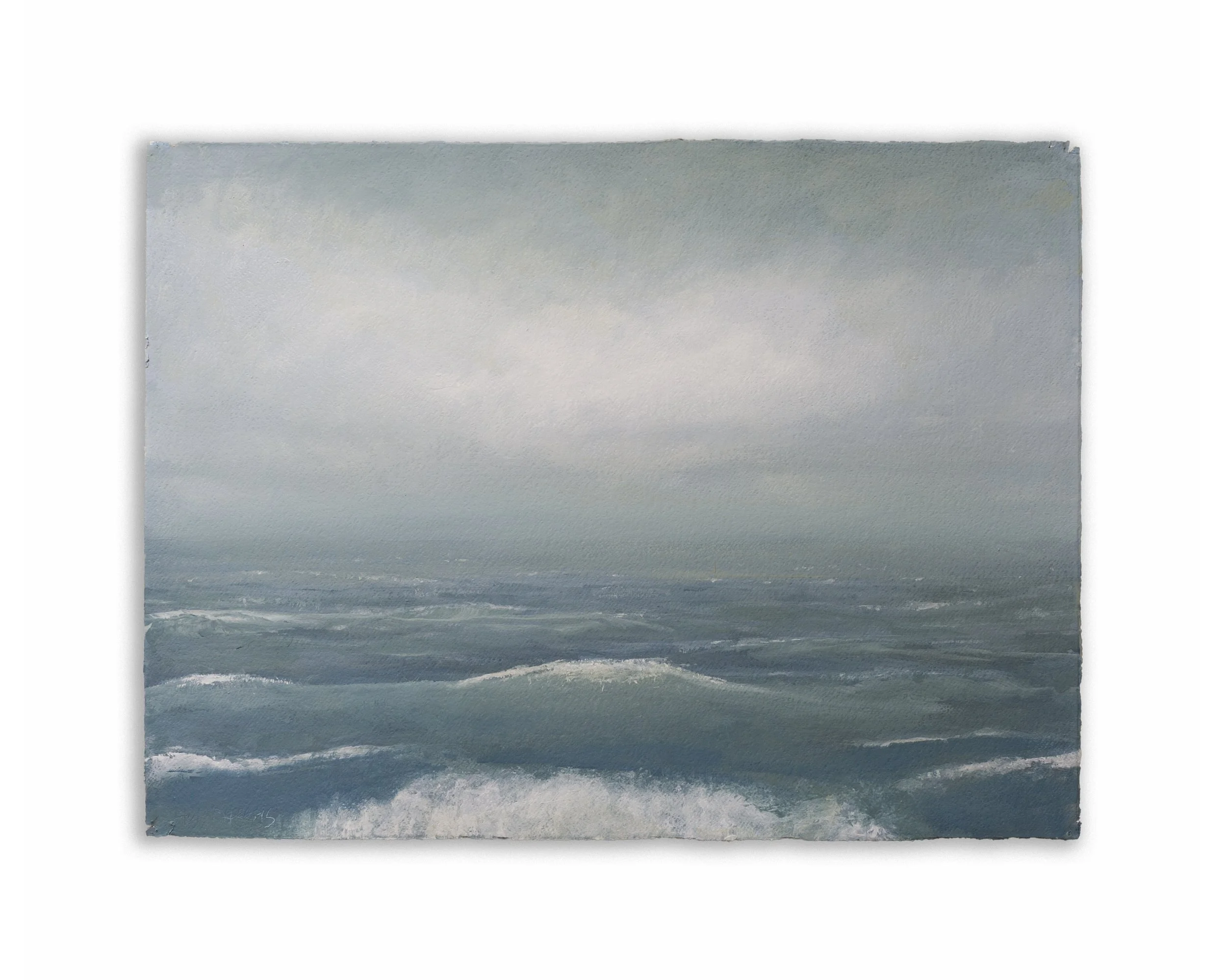 A watercolor painting of a calm ocean with gentle waves under a partly cloudy sky.