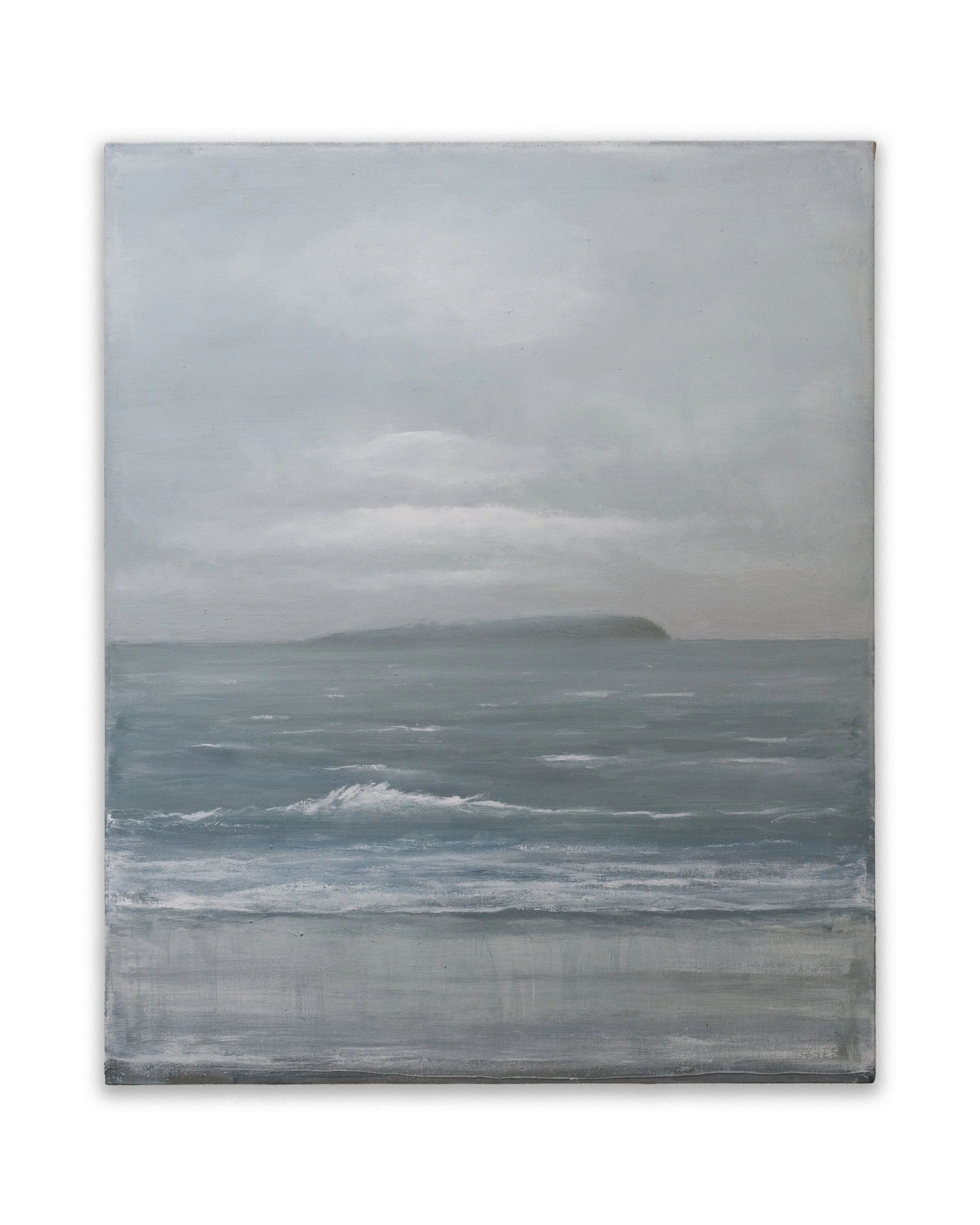 A painting of the ocean with gentle waves and a cloudy sky, in shades of blue and gray.