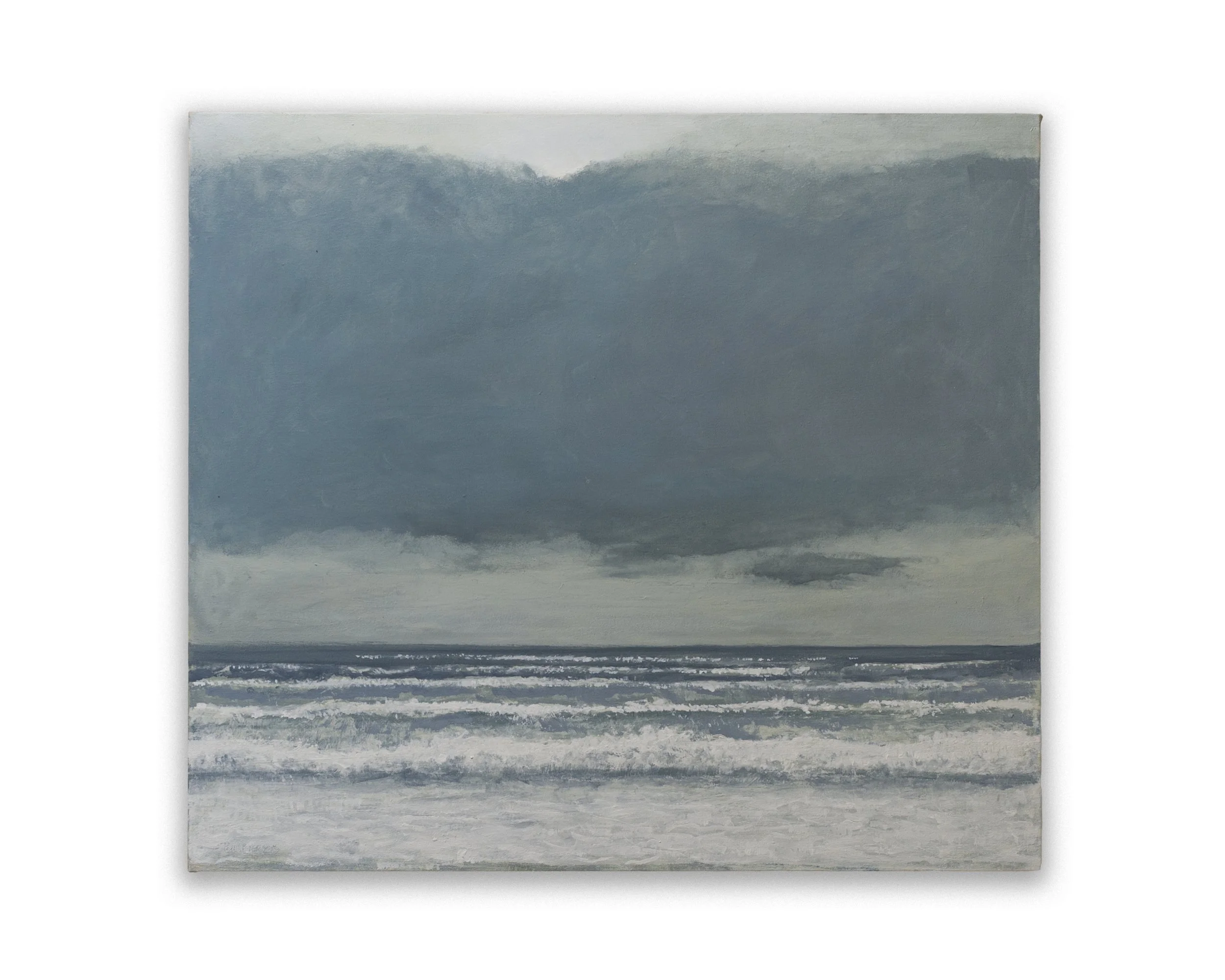An abstract painting featuring a gradient of blue and gray tones, resembling a cloudy sky over the sea.