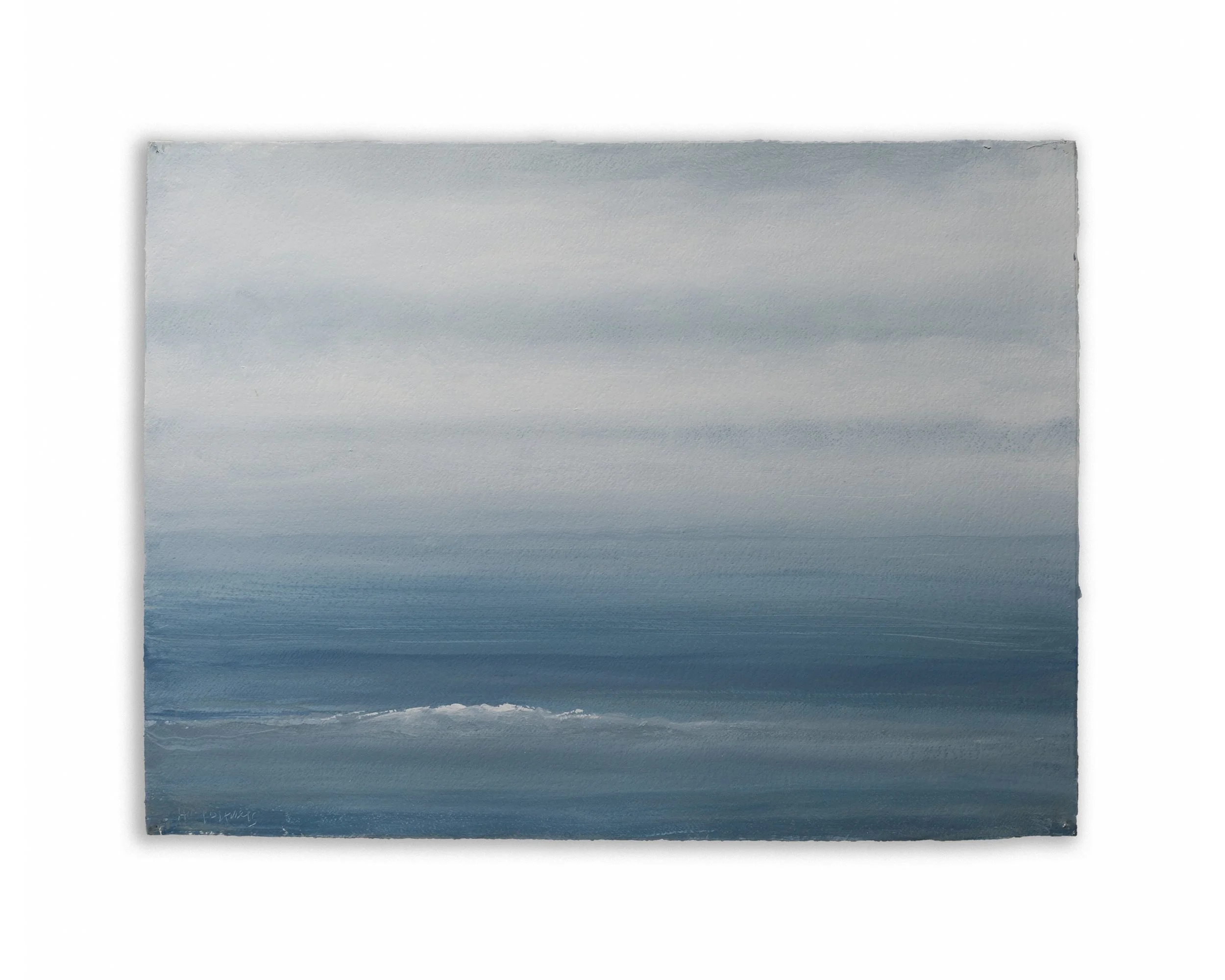 A painting of a calm ocean with shades of blue, grey, and white, depicting a serene seascape.