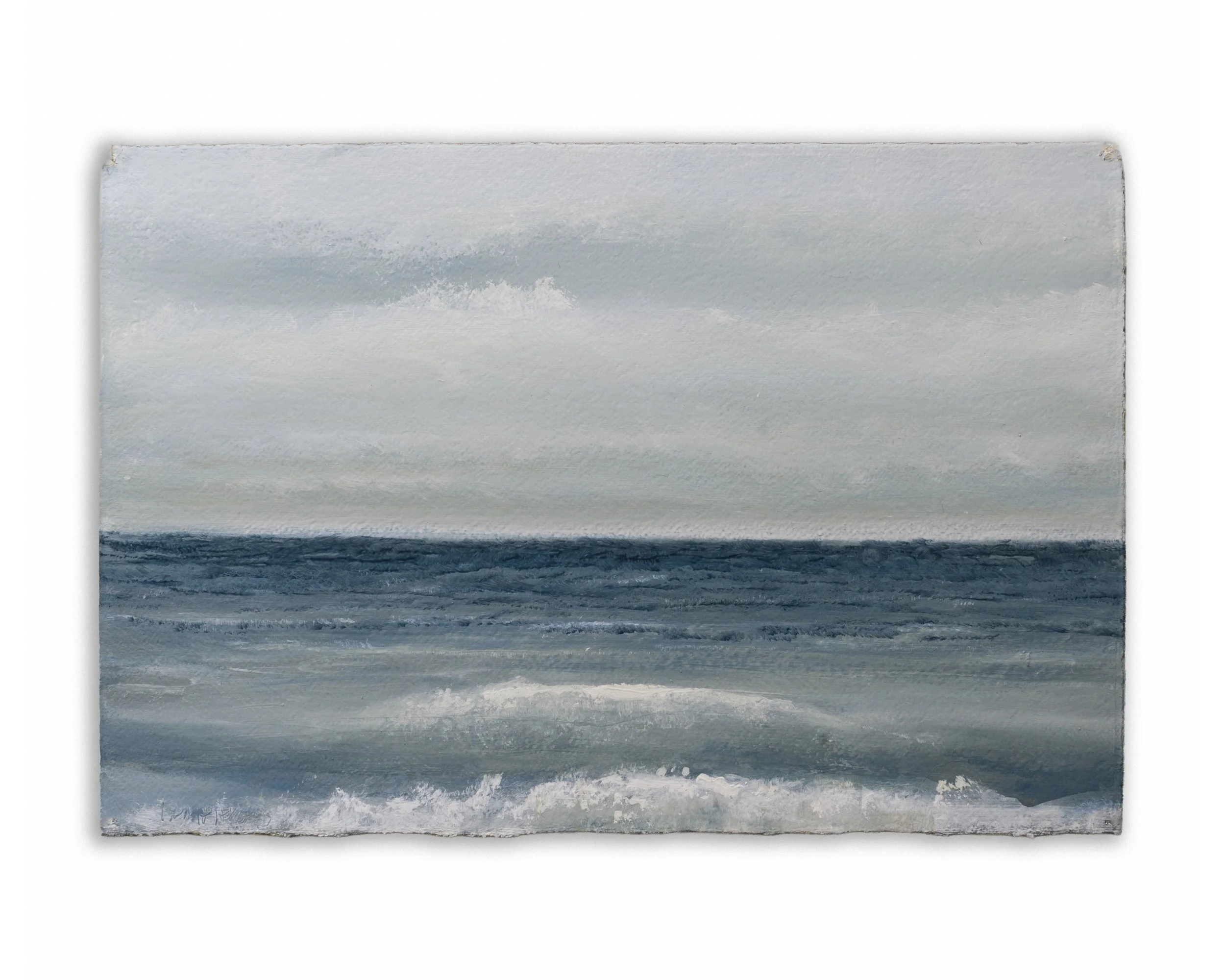 A painting of a seascape showing waves in the ocean with a cloudy sky above.