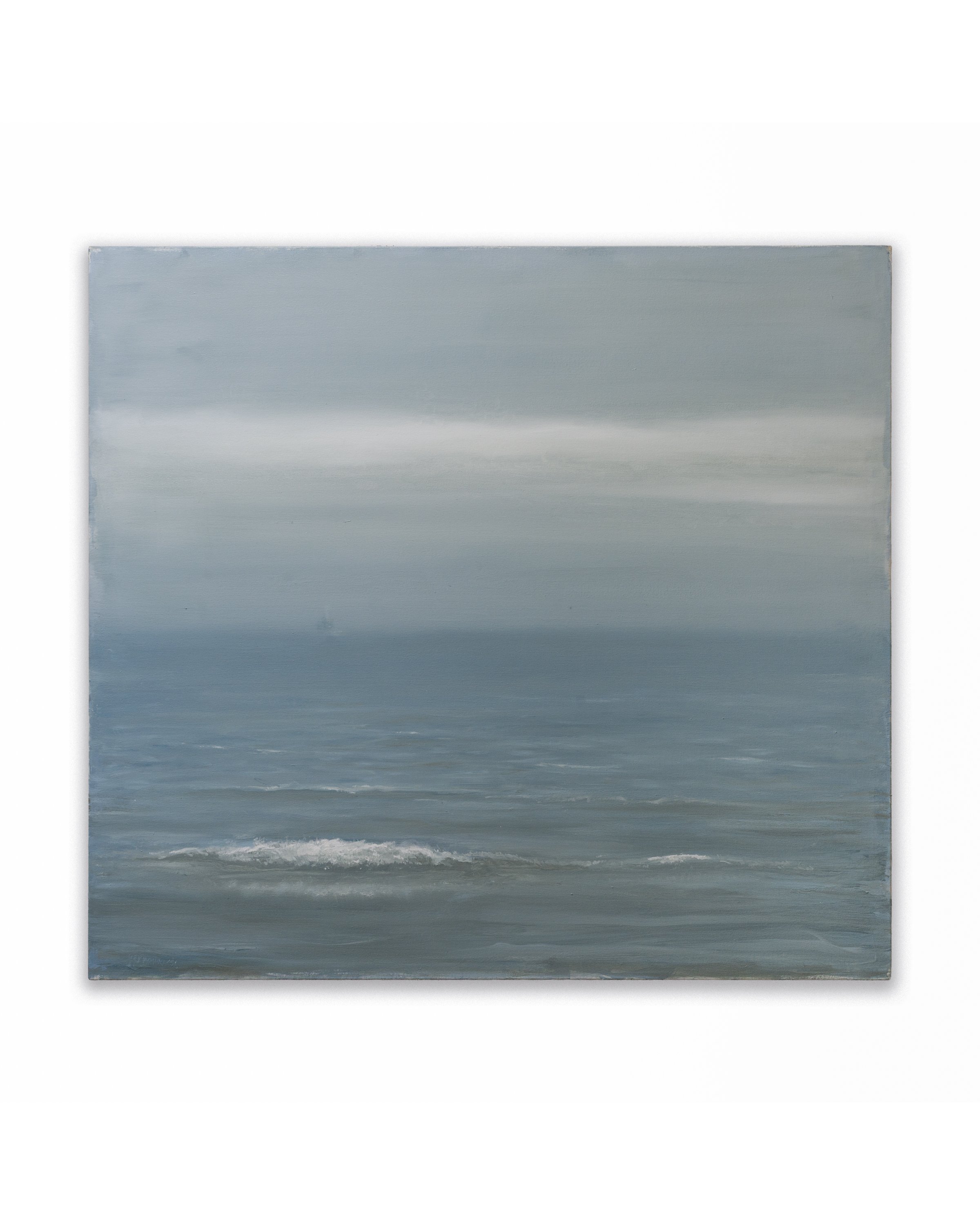 A large canvas painting of a calm ocean scene with gentle waves and a cloudy sky, blending shades of blue and gray.