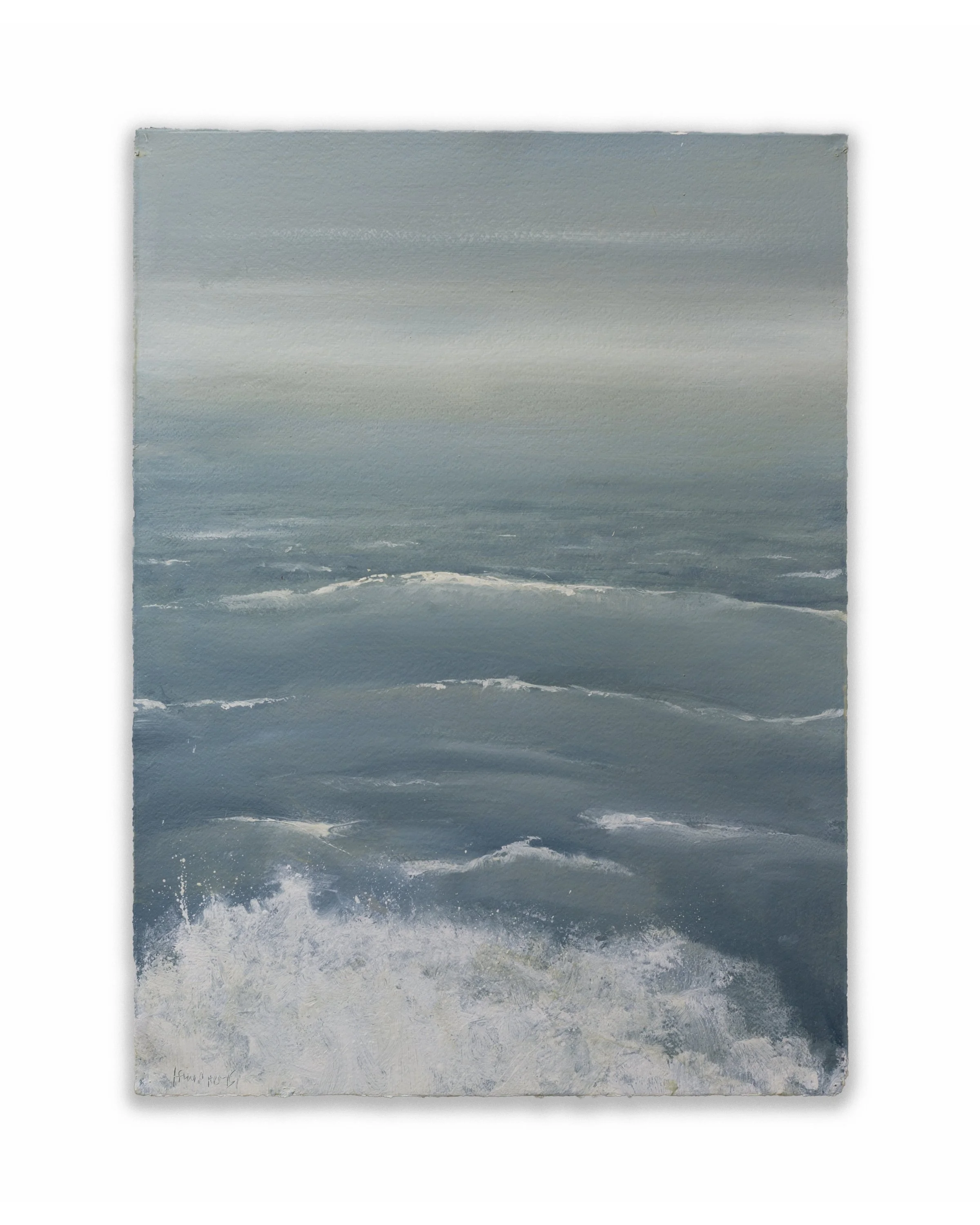 Serene watercolor painting of the ocean with calm waves and a light, cloudy sky.