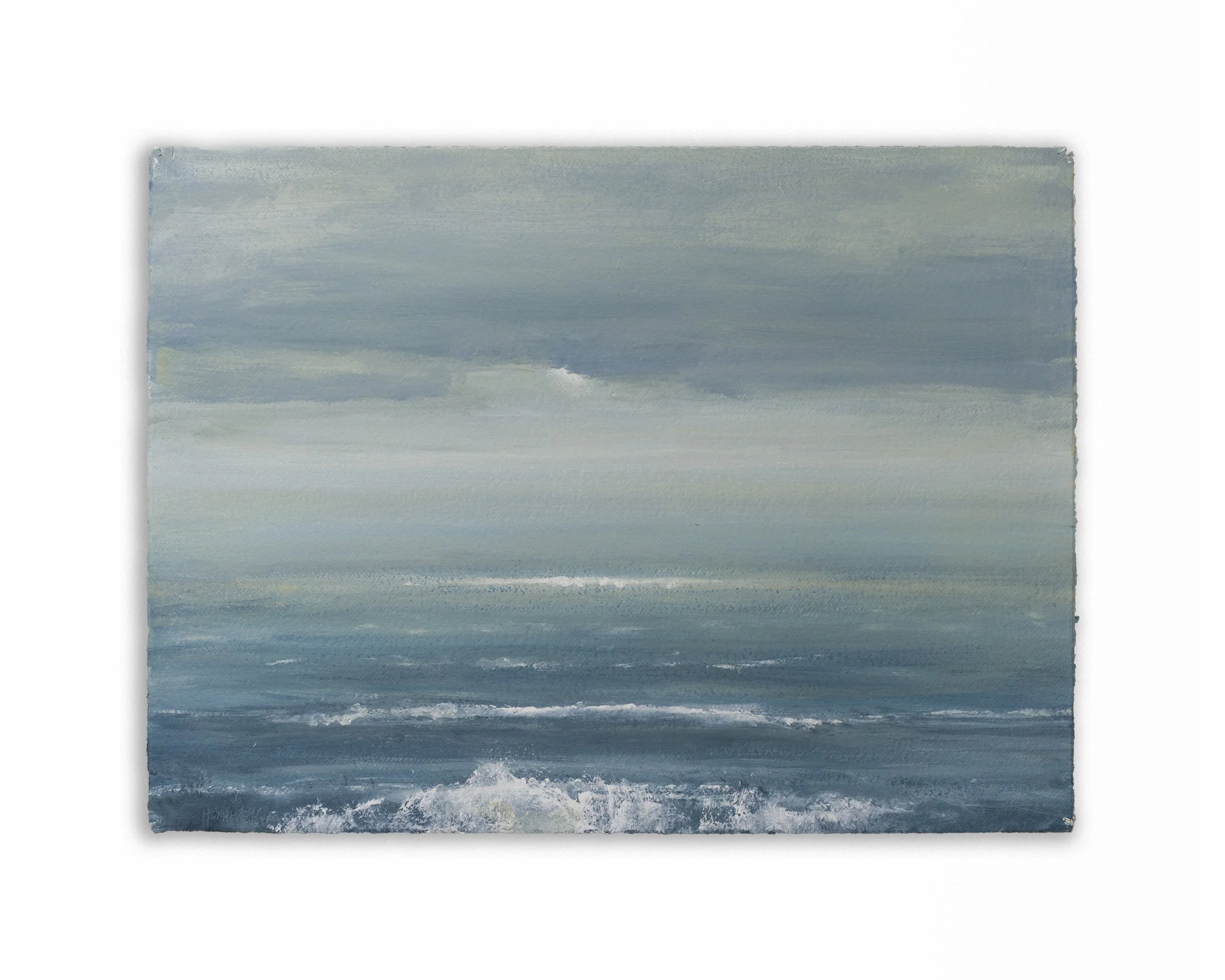 A watercolor painting of a seascape with waves, painted in shades of blue and gray.
