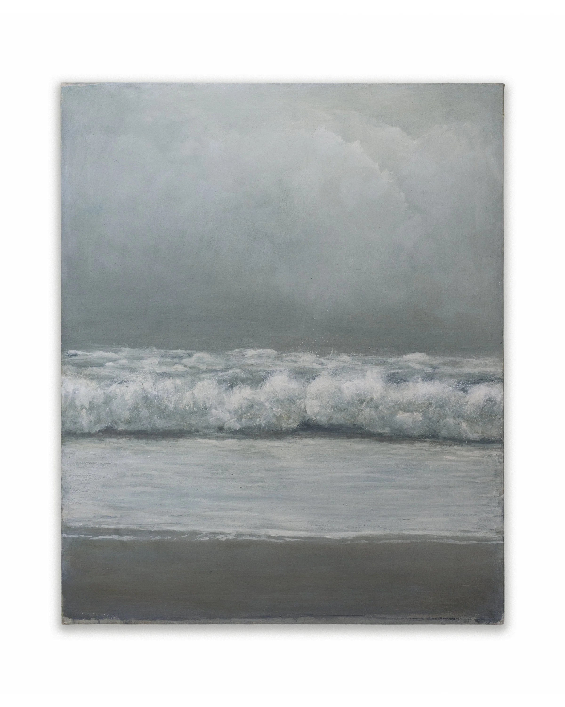 An abstract painting in shades of gray, black, and white, with horizontal brushstrokes creating a textured pattern.
