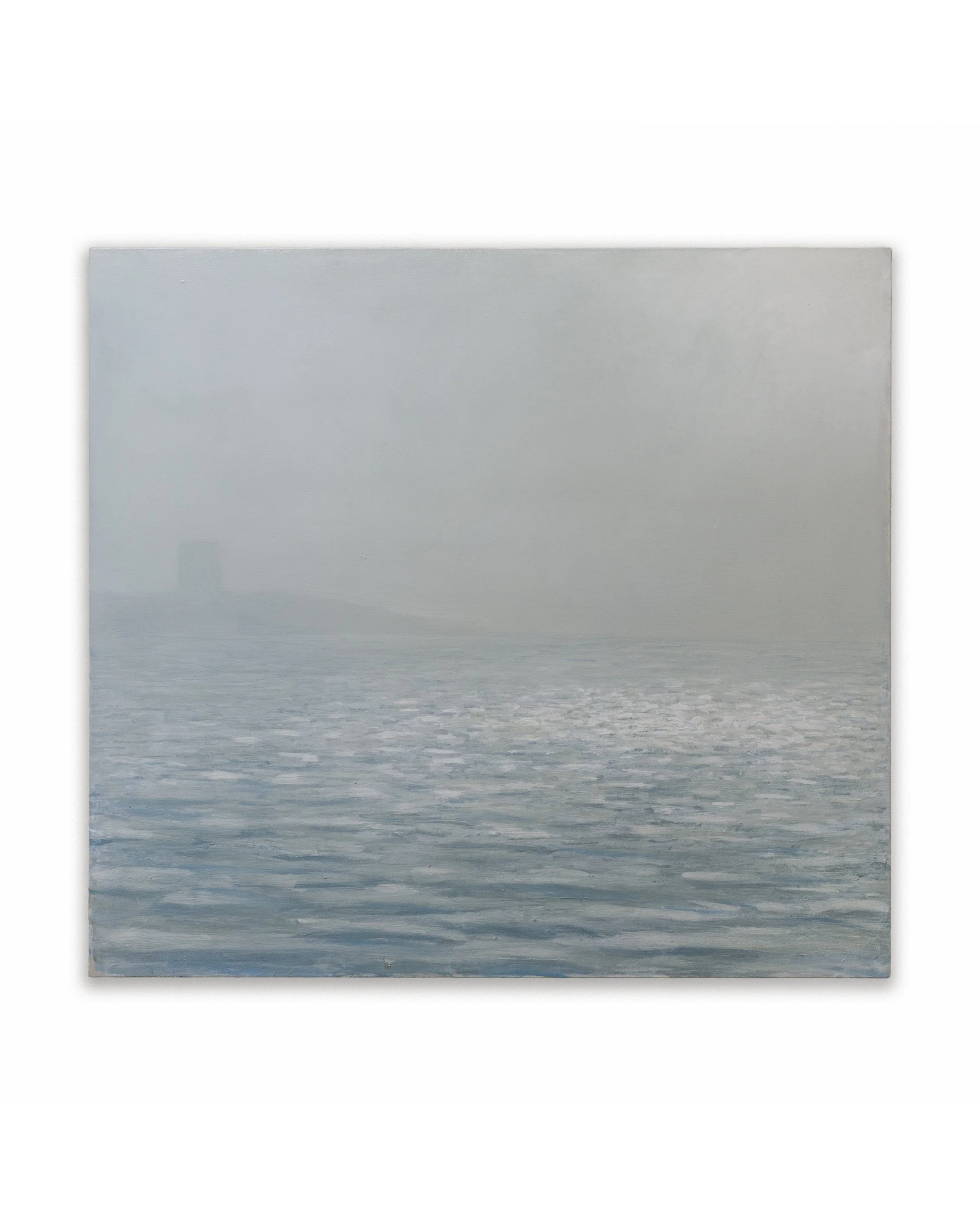 Painting of the ocean with waves and a cloudy sky.