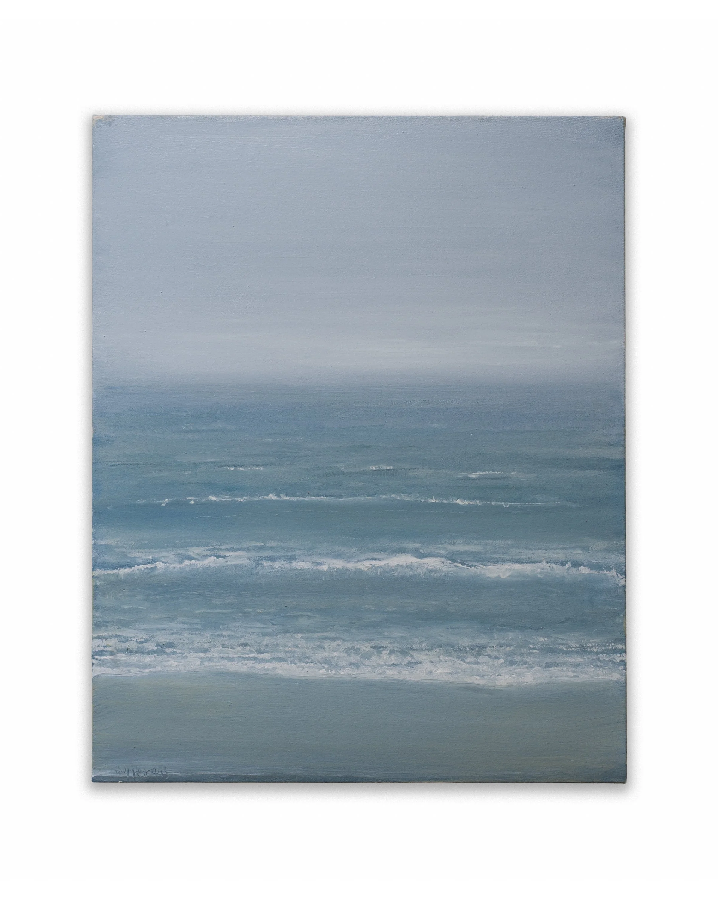 A painting of the ocean with layered shades of blue and white waves at the bottom.