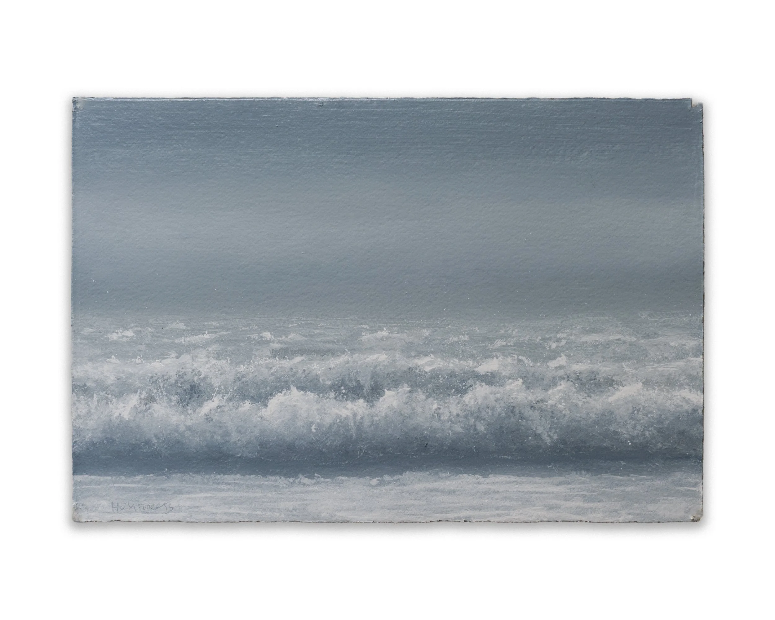 Abstract painting with horizontal bands of various shades of blue and white.