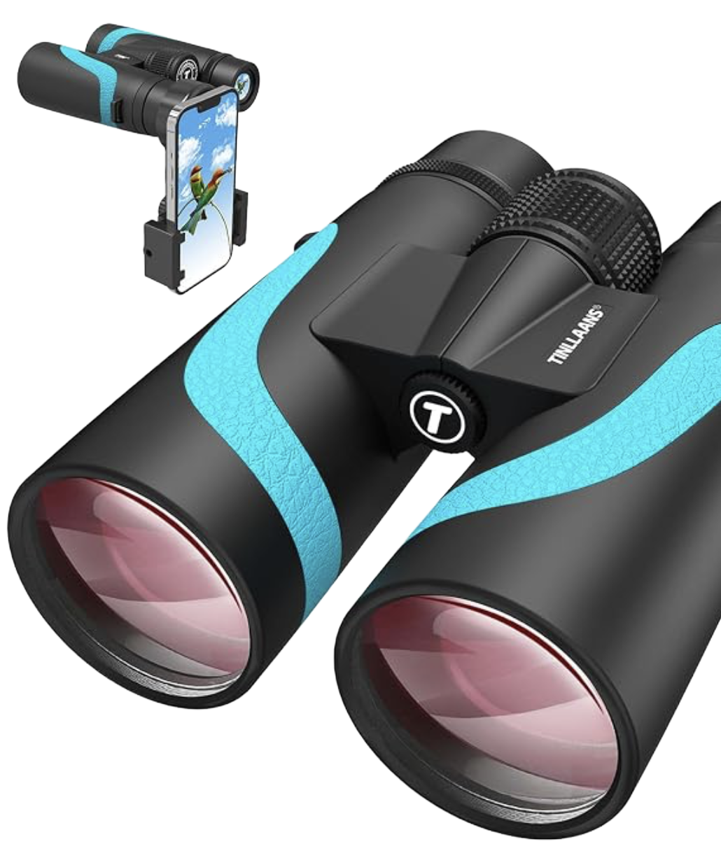 Close-up of a pair of black and blue binoculars with a focus ring and adjustable zoom, labeled "STAY TUNE." In the background, a smartphone mounted on a small stand displays a butterfly on its screen, with a digital connection represented by lines between the devices.