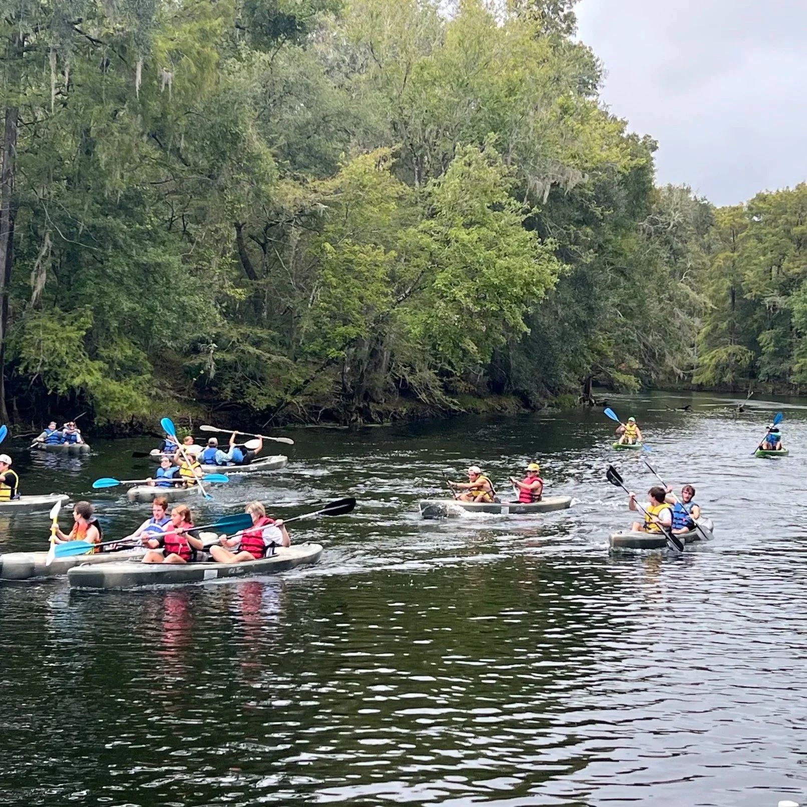 Tandem and Single Kayaks being paddled by a range of different people on the Santa Fe River with lush trees in the background