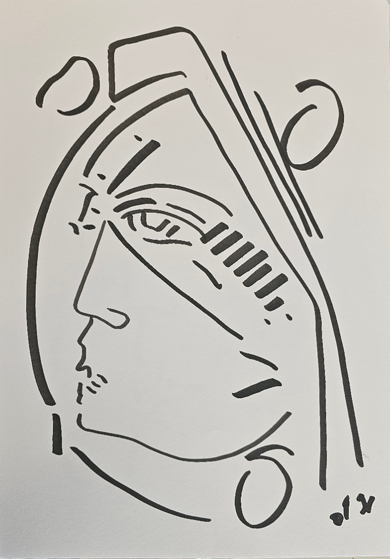 Line drawing of a person's profile with facial features, earrings, and head covering, outlined with bold lines.