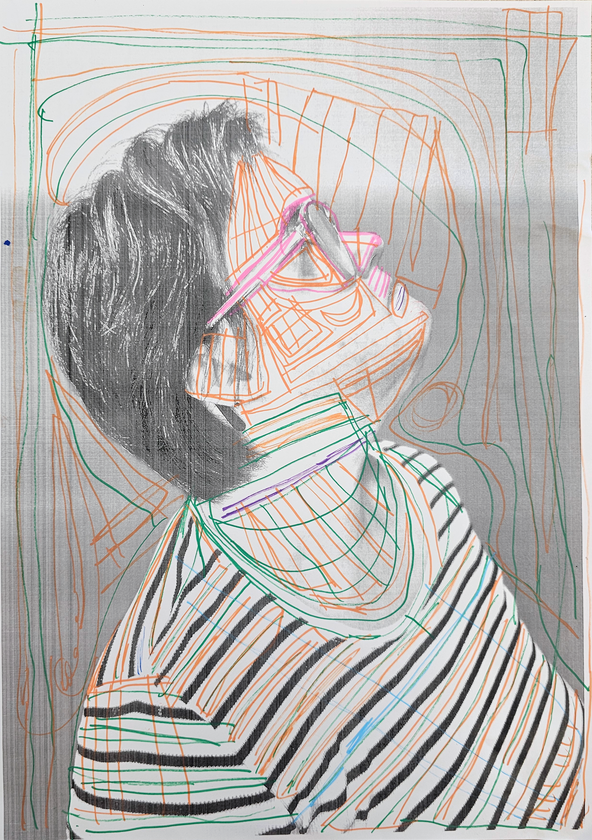 A shaded drawing of a makeup mirror and stand with various colorful lines and geometric shapes around it.