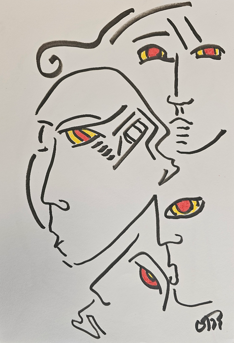 Abstract line drawing of a woman's face with multiple eyes and facial features, outlined in black with red and yellow accents in the eyes.