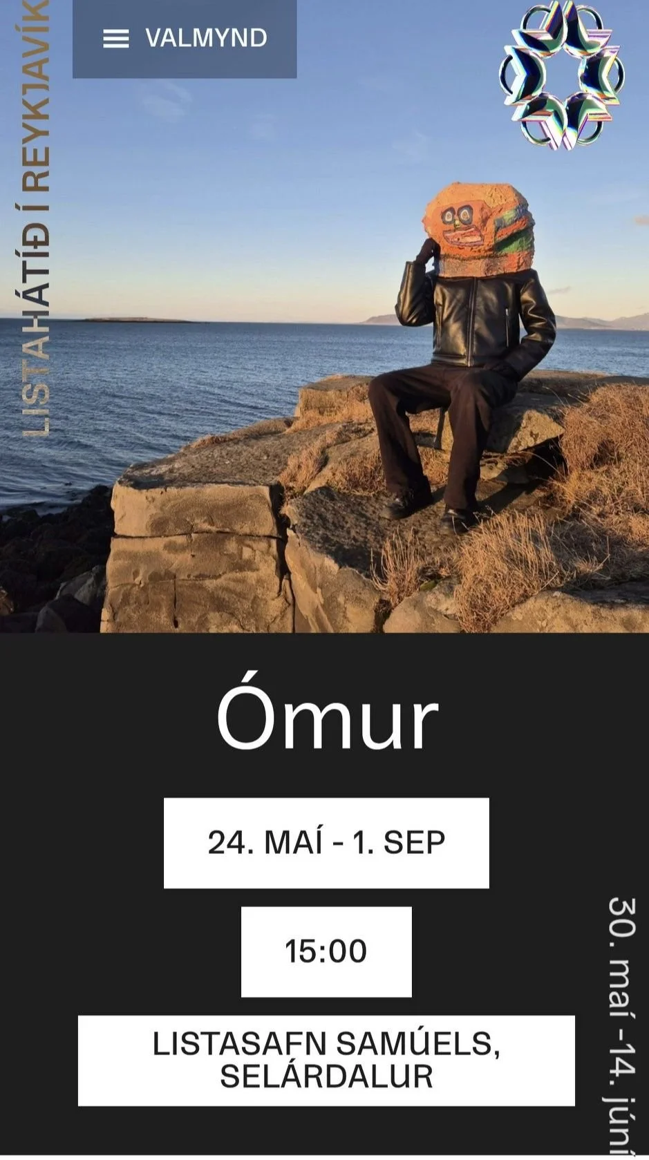 A person sitting on rocks by the sea during sunset, wearing a leather jacket and a head mask, with a colorful geometric decorative element in the top right corner and an overlay of event details for Ómur at Listasafn Samúels, from May 24 to September 1.