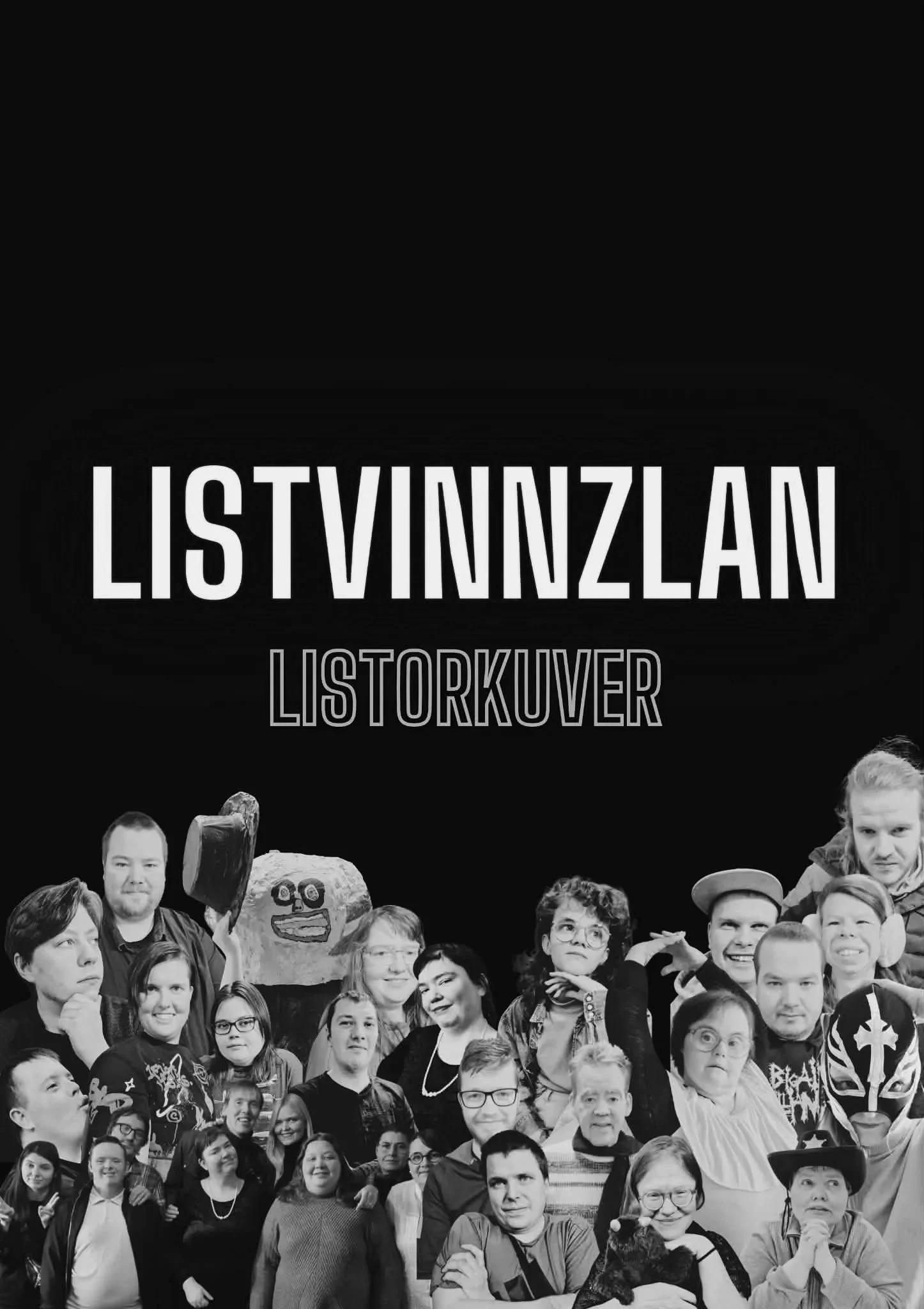 Svart-hvít klippimynd af hópi fólks, sumir í búningum, með textanum „LISTVINNZLAN“ og „LISTORKUVER“ efst.