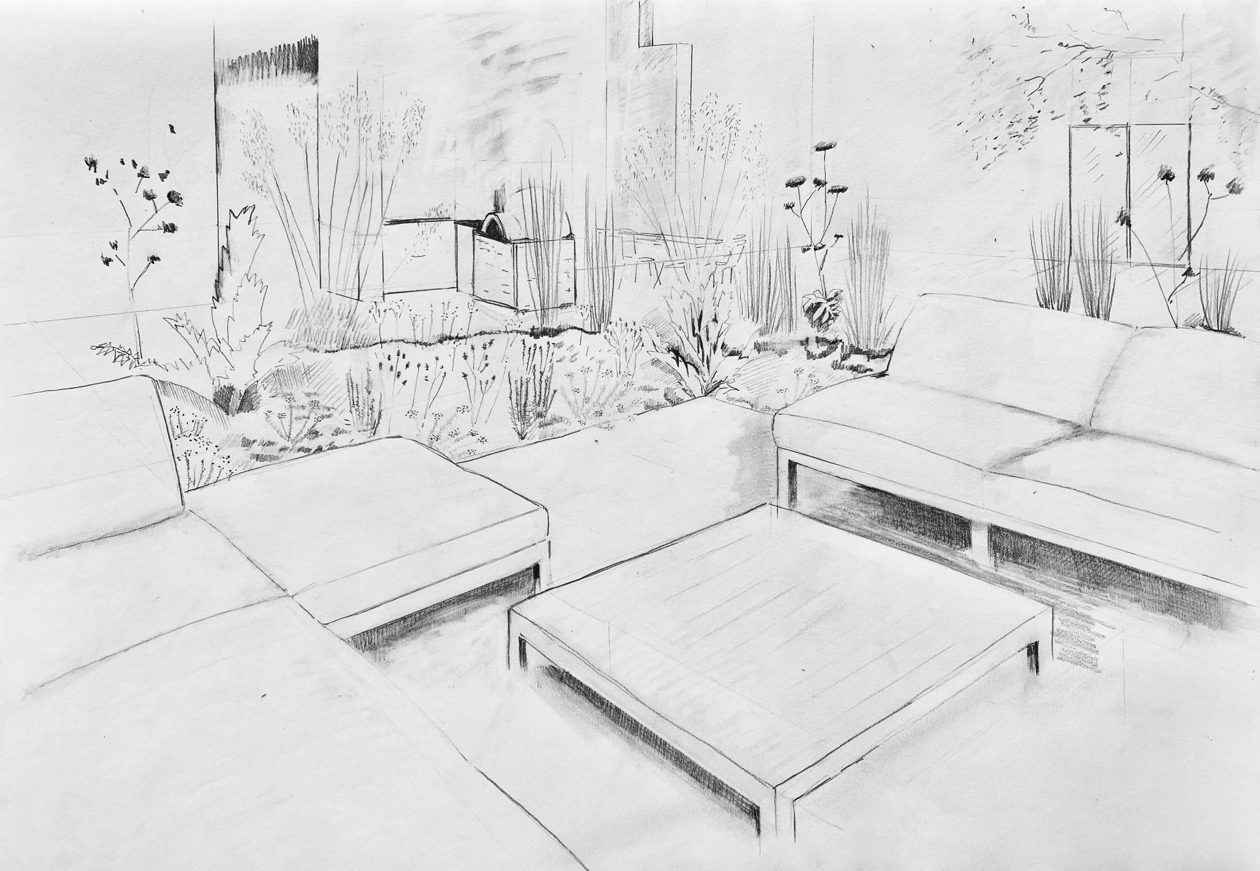 A pencil sketch of a patio or backyard garden scene, showing a sofa, a small table, various plants, and a fence in the background.