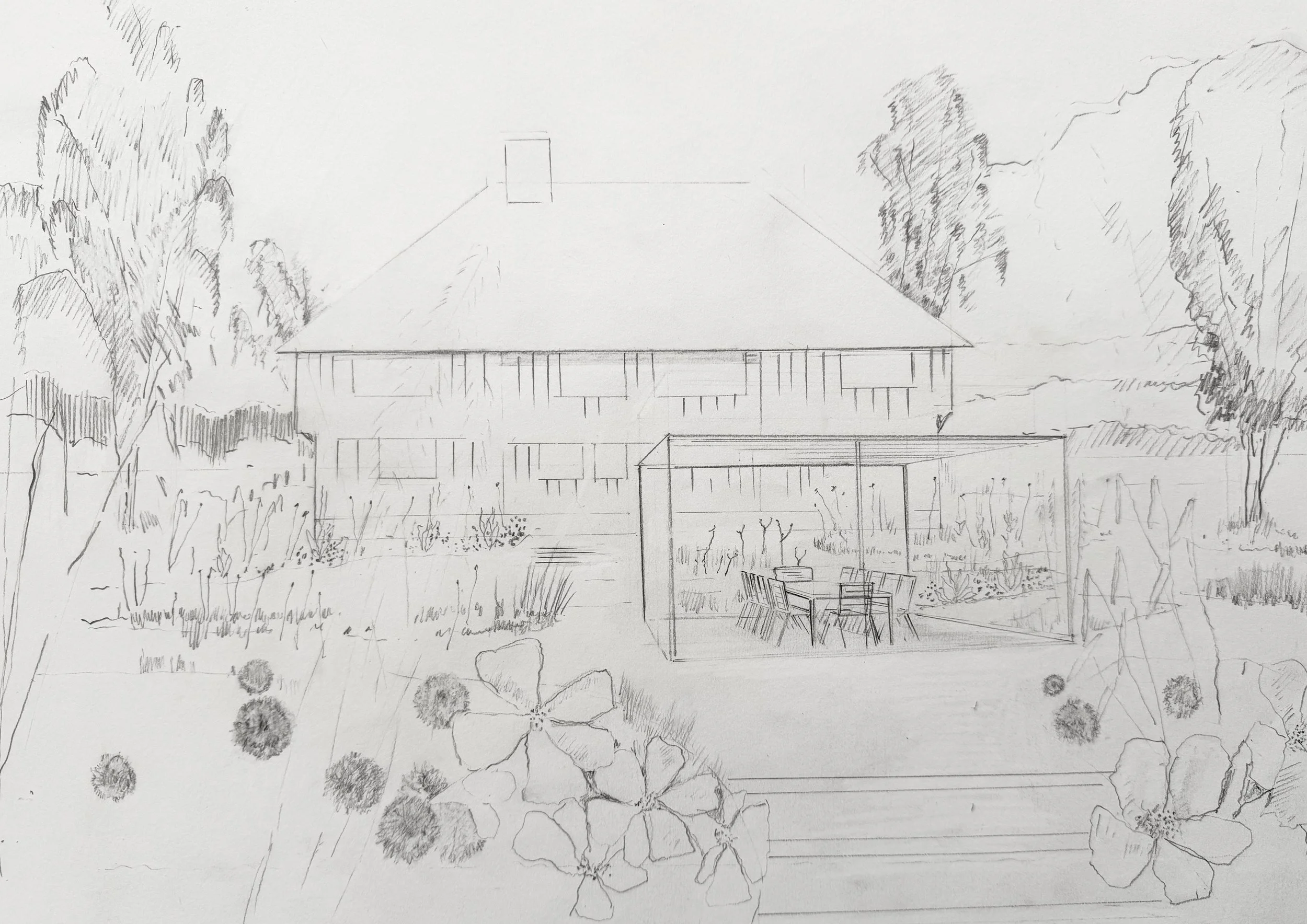 A hand-drawn sketch of a house with trees and a yard, featuring a large roof, chimney, and outdoor furniture.