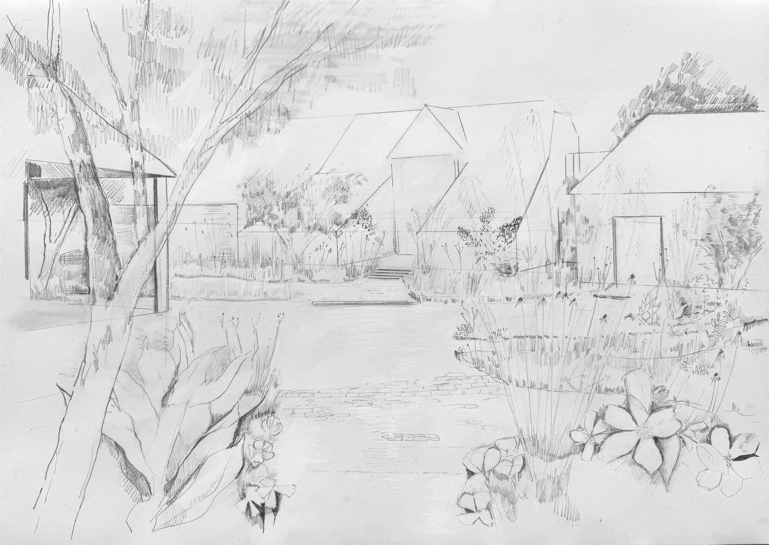 A pencil sketch of a landscape with trees, houses, and a garden.