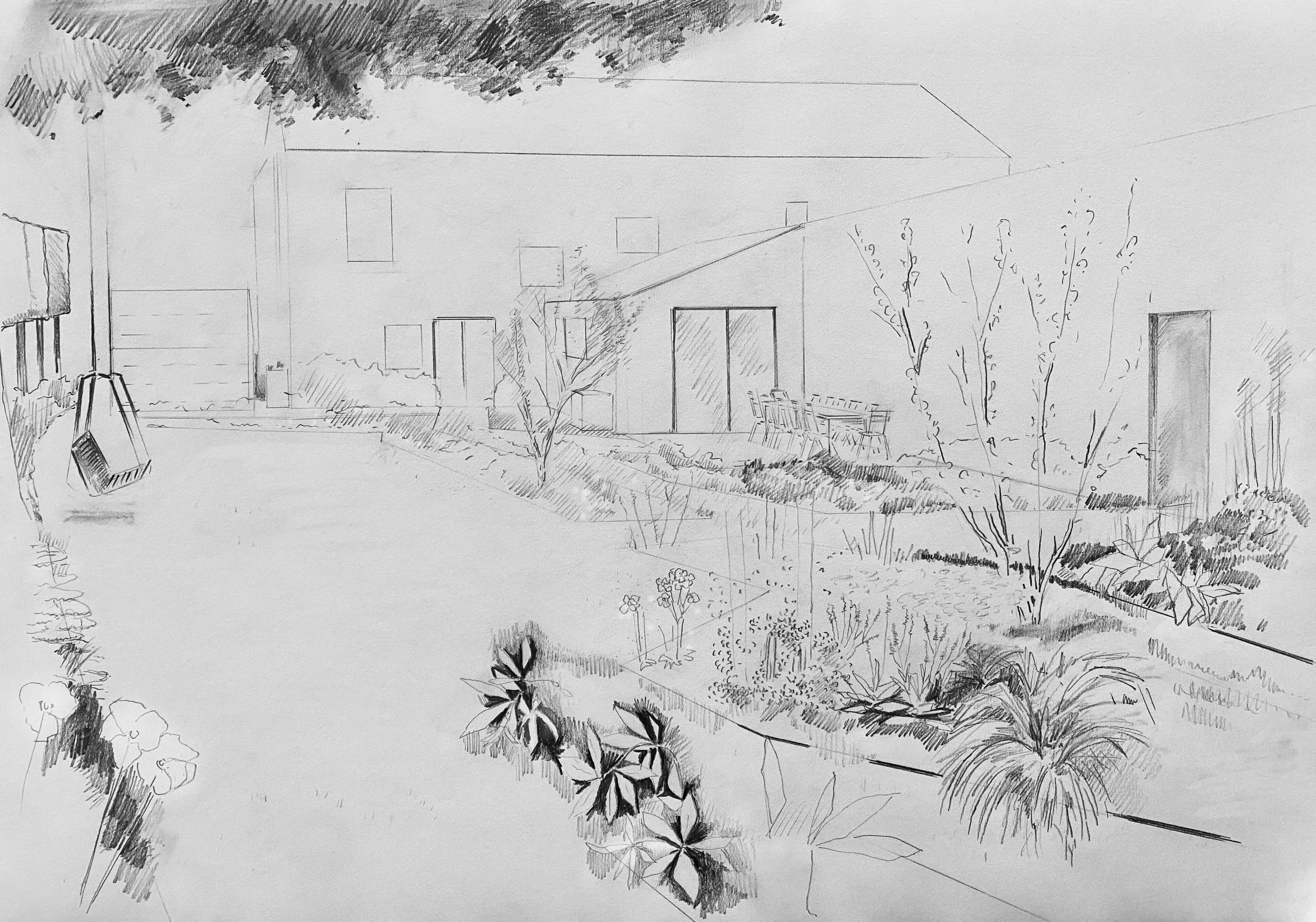 A pencil sketch of a backyard scene featuring a modern house, trees, shrubs, and outdoor furniture. The house has large windows and a flat roof.