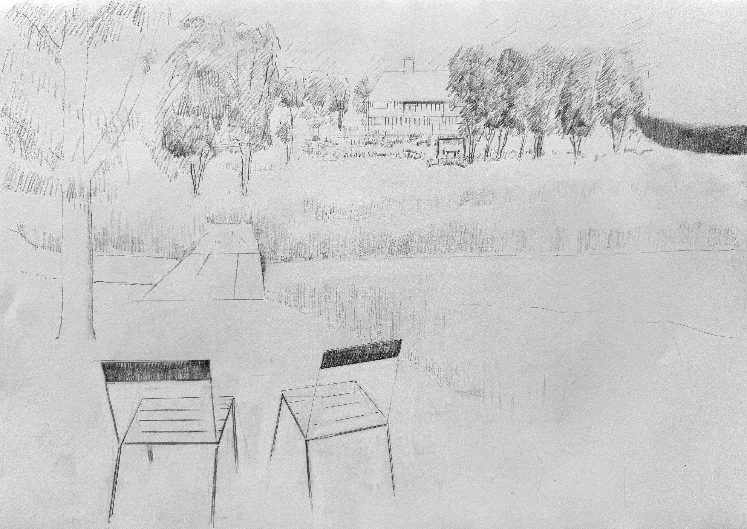 A pencil sketch of an outdoor scene with trees, a house, a bench, and a view of a hill in the background.