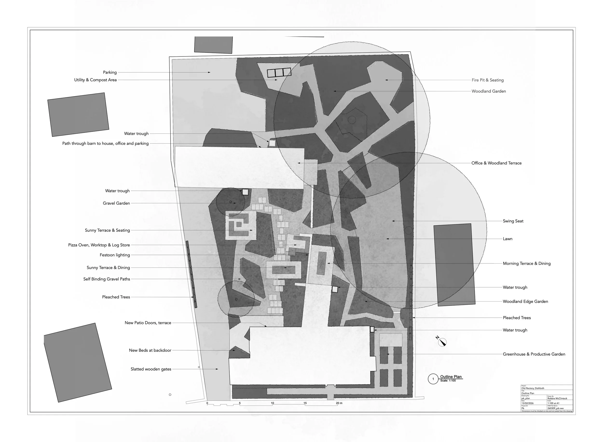 A detailed architectural site plan showing a landscape design with labels for parking, utility and compost areas, water troughs, paths, gardens, terraces, water features, and trees, with a scale indicator and north arrow.
