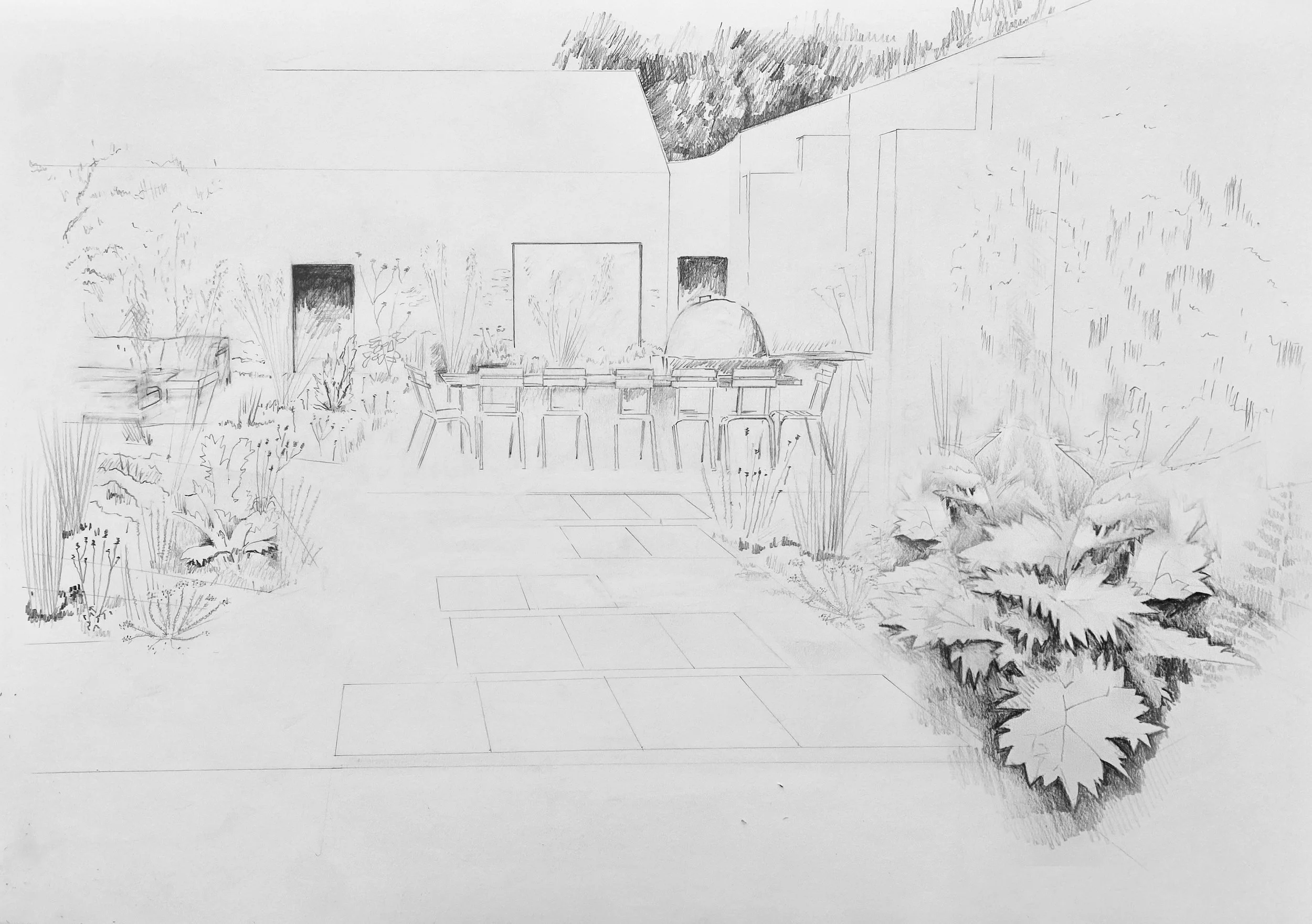 A black and white pencil sketch of an outdoor patio area with a table and chairs, surrounded by plants and trees, with a building or house in the background.