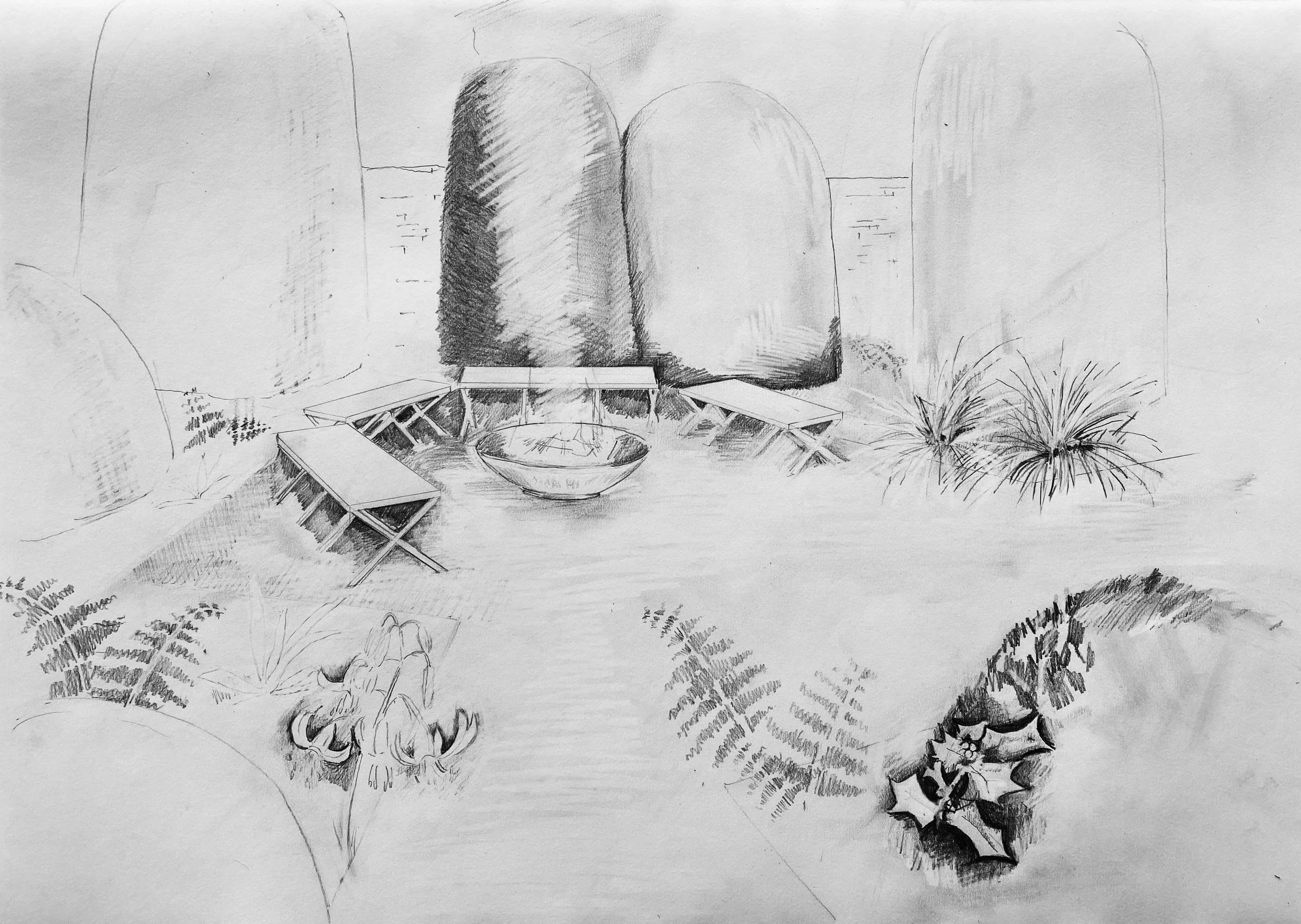 A pencil sketch of a backyard garden scene with trees, plants, and outdoor furniture, including a table and benches, with some shading and texture.