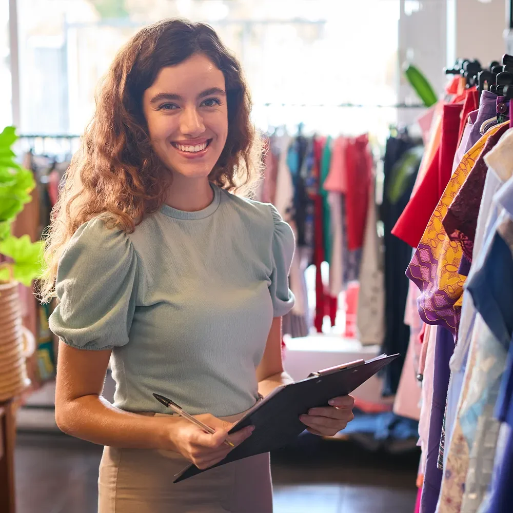 A young woman in a clothing shop smiling with a clipboard