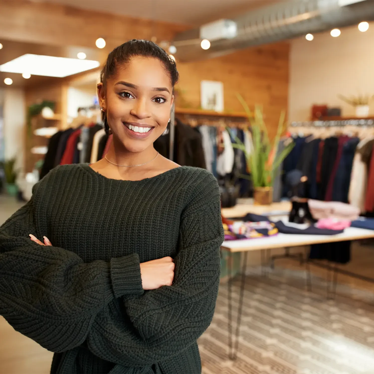 Retail assistant standing in a fashion shop smiling at the camera