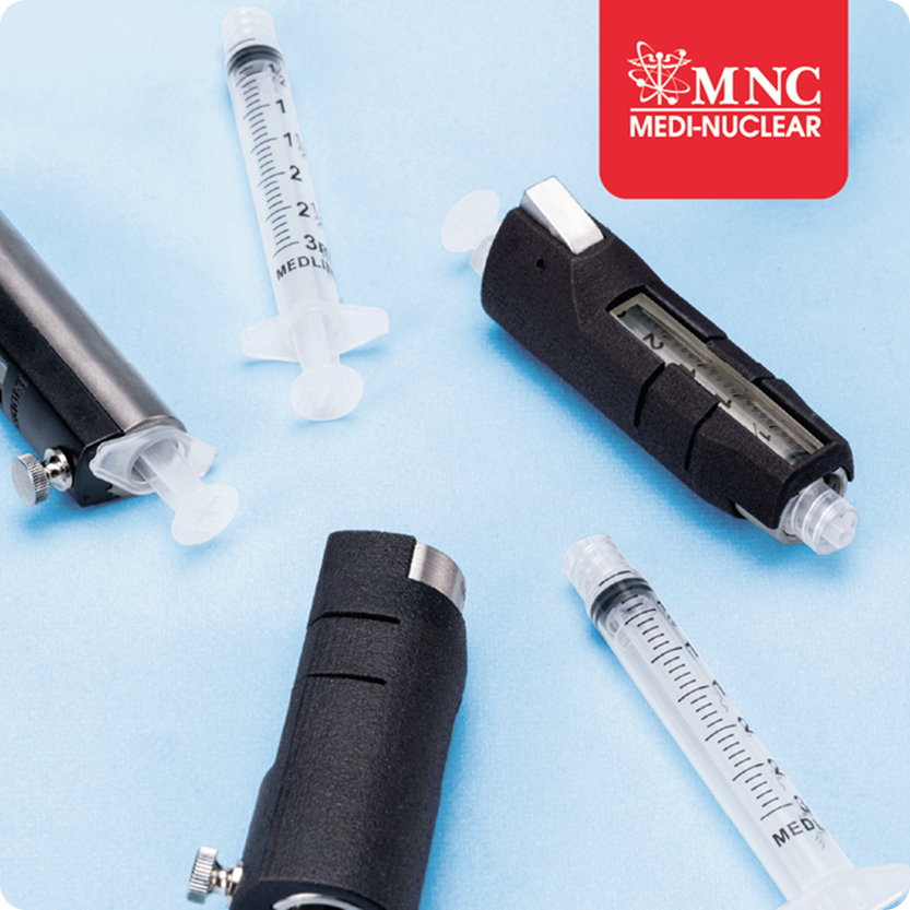Multiple insulin pens, syringes, and cartridges on a light blue background, with a red logo in the top right corner reading 'MNC Medi-Nuclear'.
