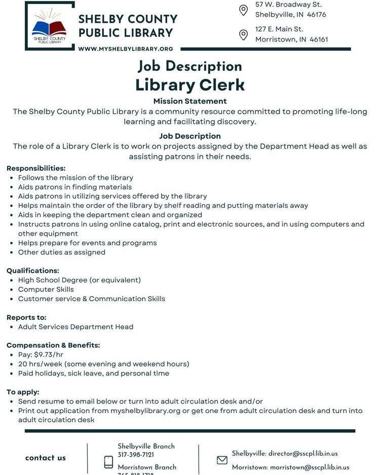 Good evening everyone. We currently have a job opening that I wanted to share with you. You can download pdf applications from our website!

https://www.myshelbylibrary.org/employment-opportunities
.
.
.
#Library #Indiana #Hiring #Jobopening #Shelbyv