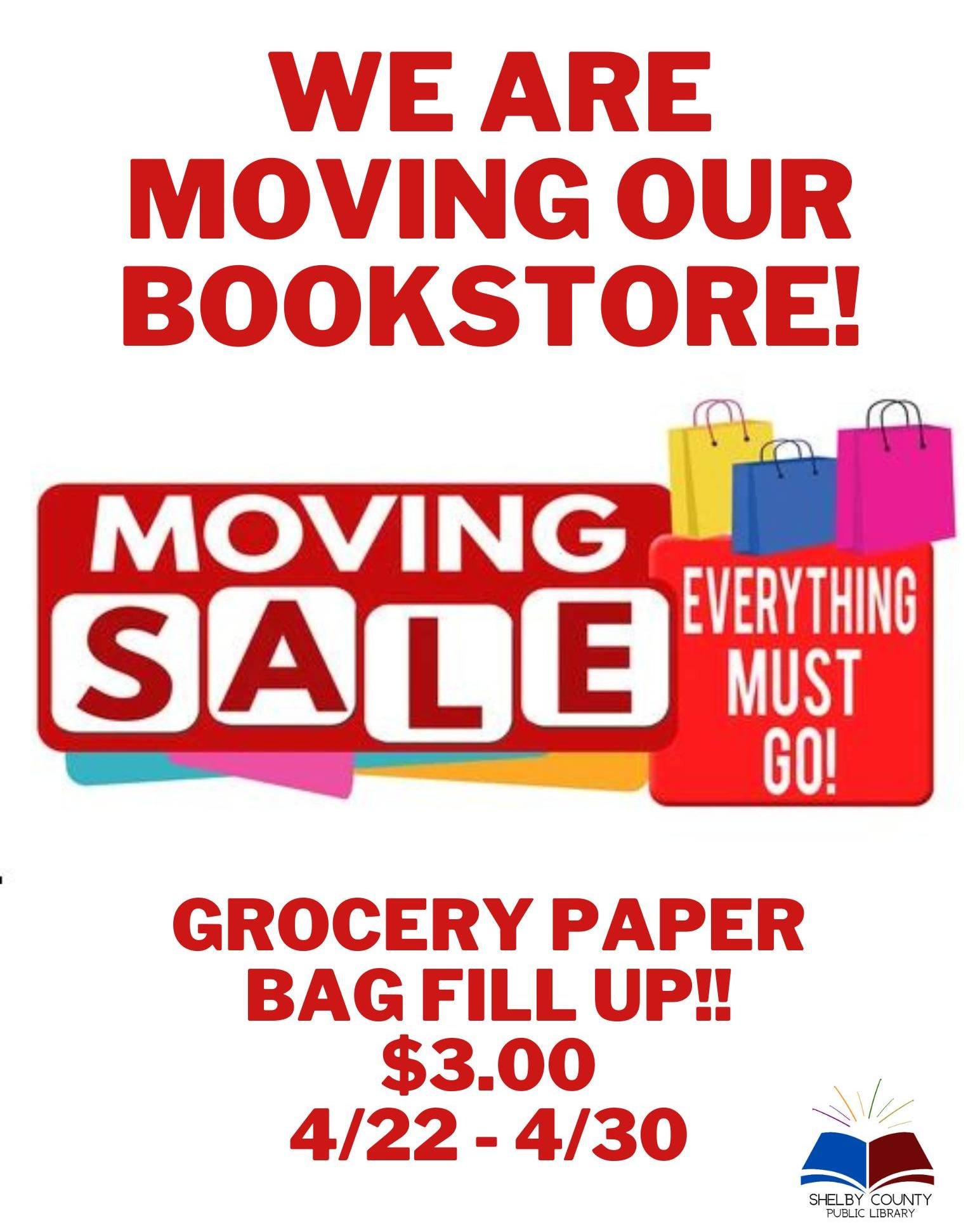 We are moving the bookstore and we need your help! We are selling paper bags for 3 dollars and whatever you can fit in that bag is yours! So whether you are on the hunt for a new read or just want to find the weirdest most random book you've ever see