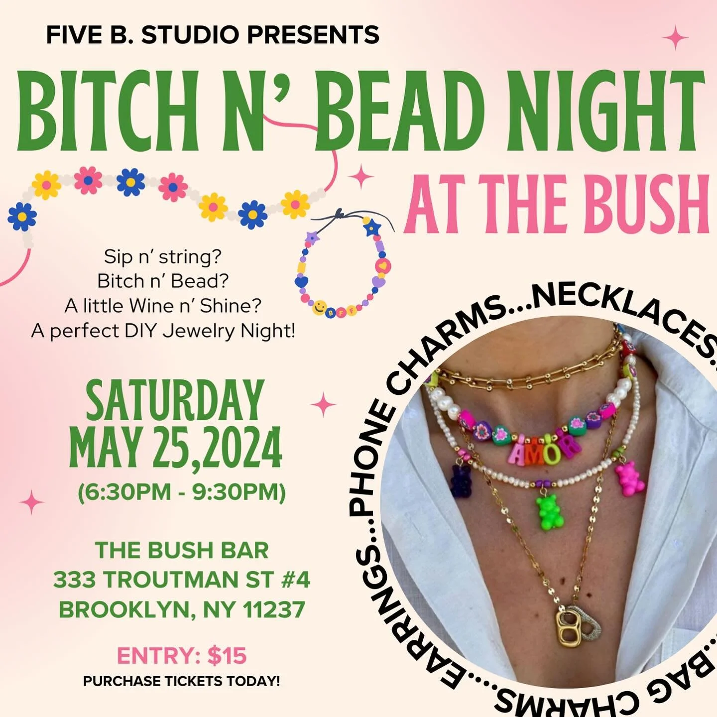 Hey everyone! Come to Bitch N&rsquo; Bead Night at @bushdykebar on May 25! We will be making earrings necklaces, phone charms, bag charms, and more! Only $15! Get your tickets today! Link in bio