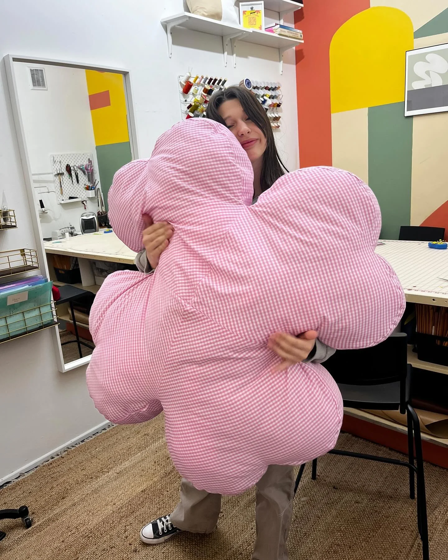 A huge 4 heart cushion! Swipe to see the process of stuffing it!