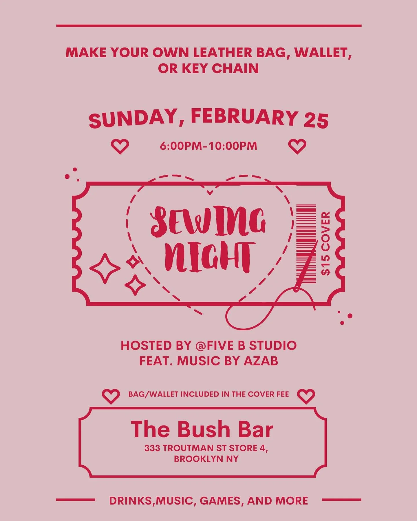Come join us for sewing night at the @bushdykebar on February 25! There will be sewing games (free shots for the winners) and we will be making keychains, wallets, and bags. No prior sewing experience necessary! 

LINK FOR TICKETS IN BIO