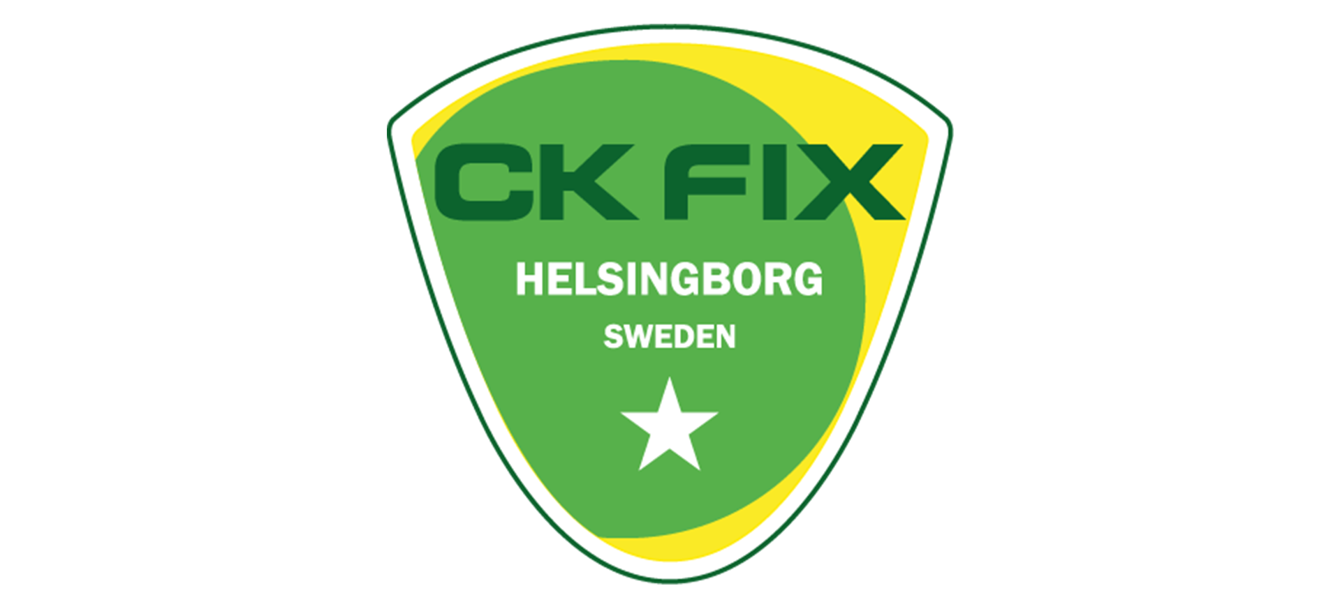 Logotyp för CK Fix i Helsingborg, Sverige, med grön bakgrund, vit och gul ram, och en vit stjärna.