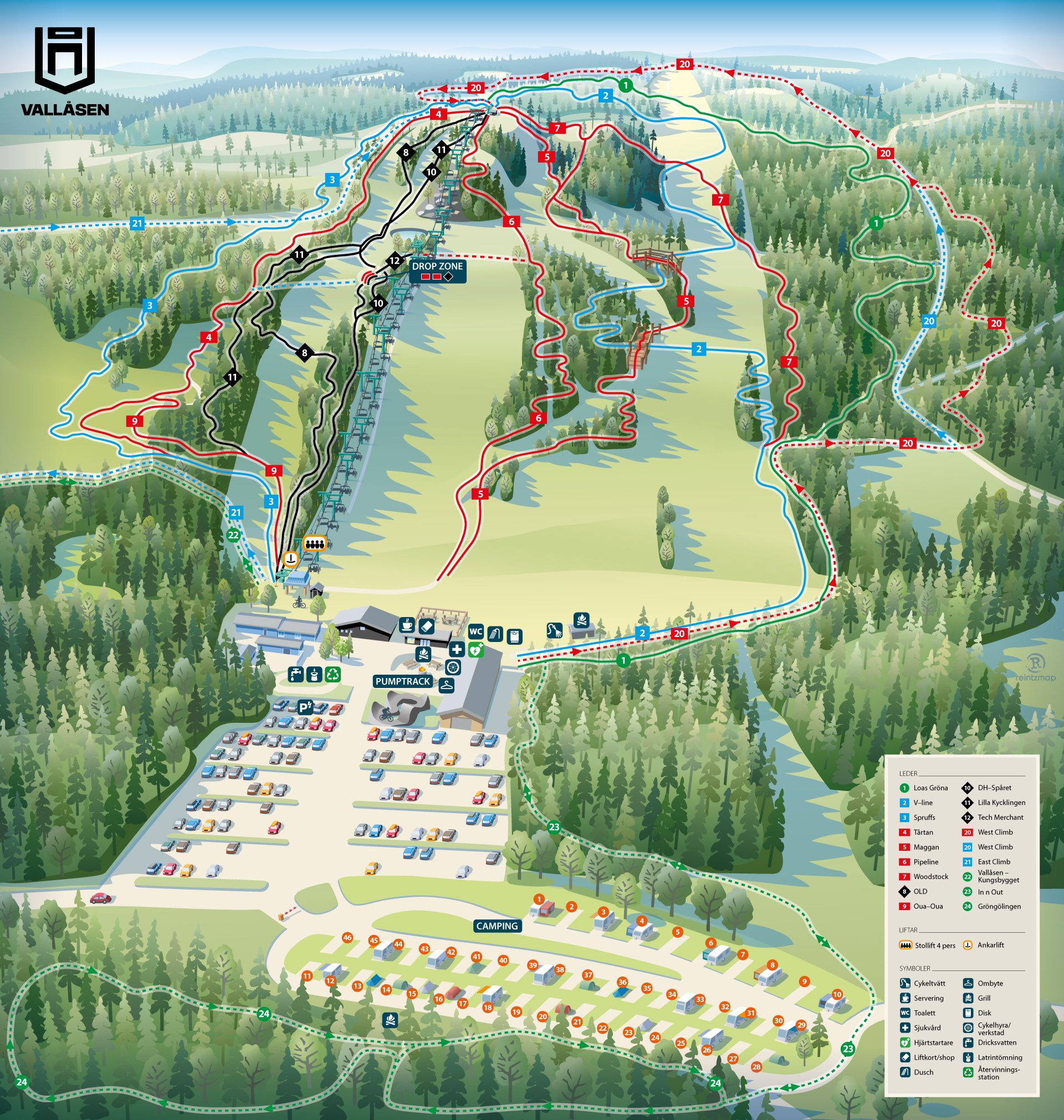 Detaljerad karta över cykellederna på Vallåsen Bike Park.