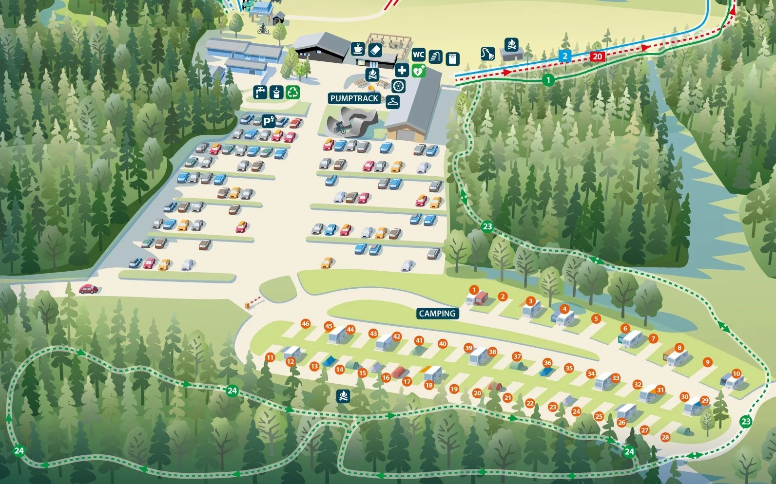 Karta över en campingplatserna på Vallåsen