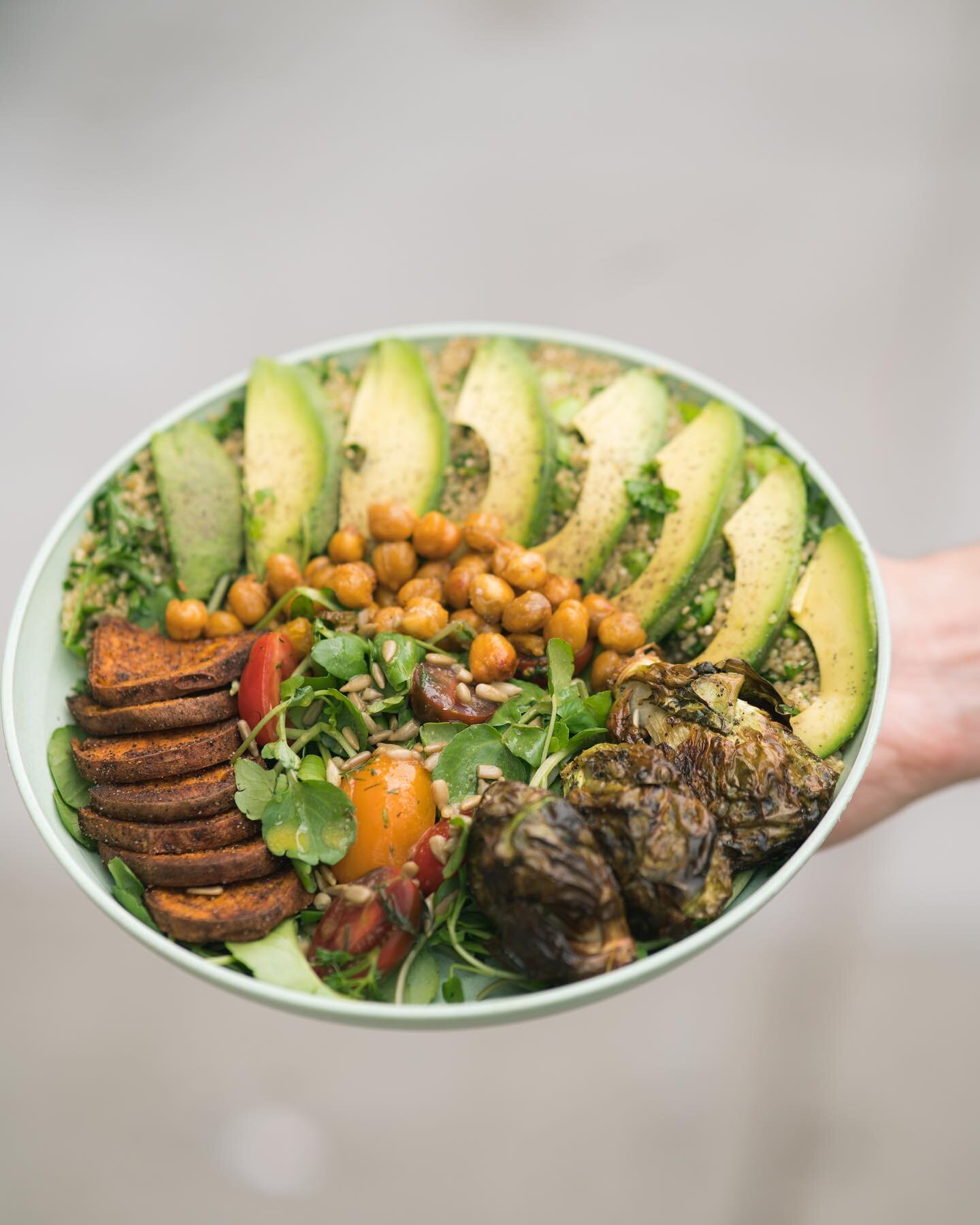 Today is the perfect day to try our limited time Buddha Bowl! Made completely in house with a quinoa pilaf, watercress salad with cherry tomatoes &amp; avocados, sweet potato fritters, roasted brussel sprouts, roasted chickpeas with sunflower seeds, 