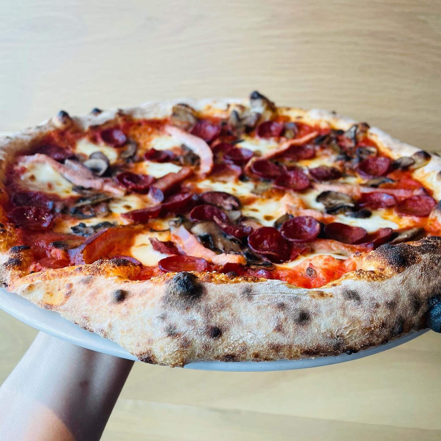 A hand holding a plate with a cooked pizza topped with pepperoni, mushrooms, and onions, with a slightly charred crust.