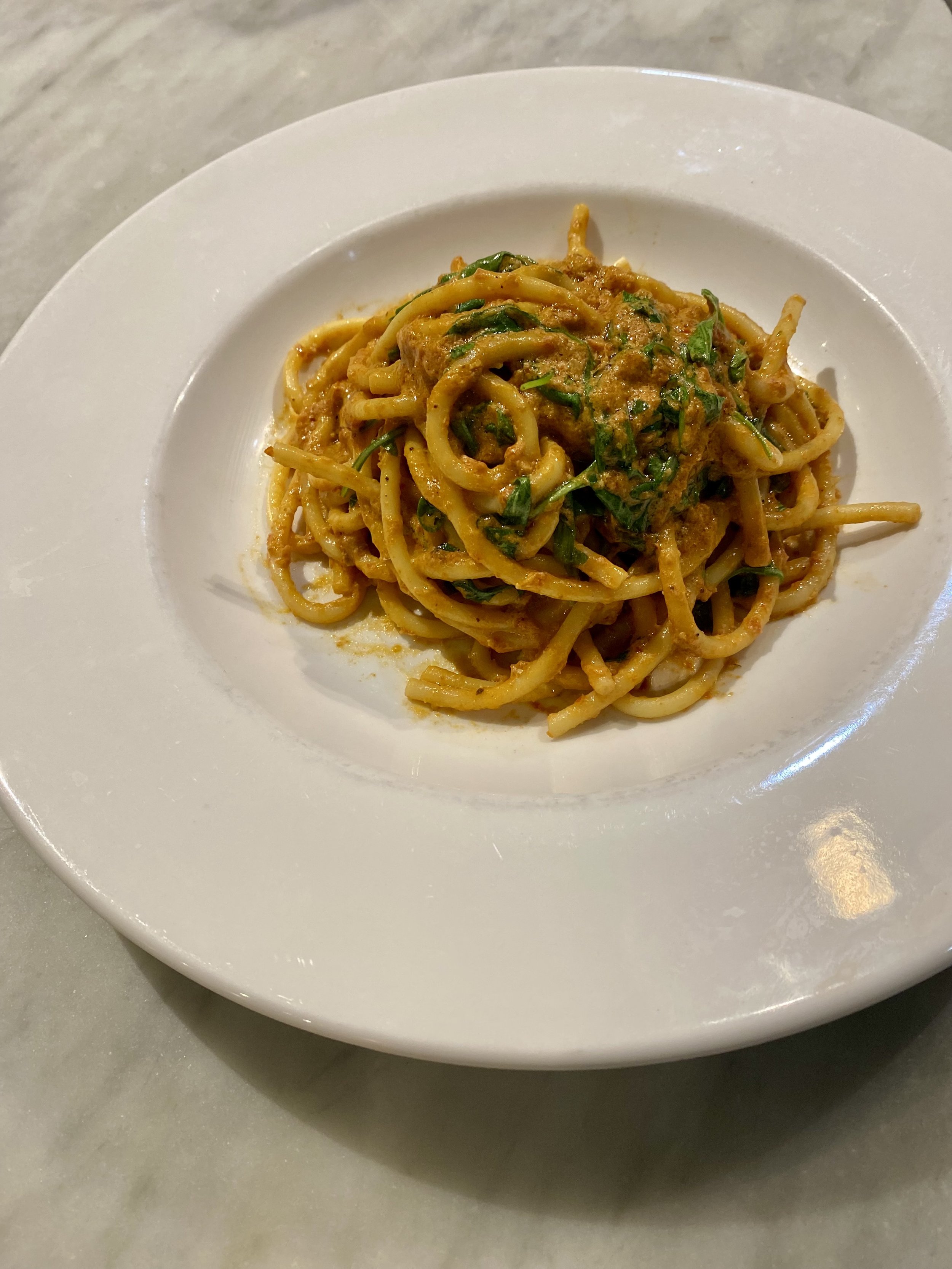 A plate of pasta with sauce and green herbs on a white dish.